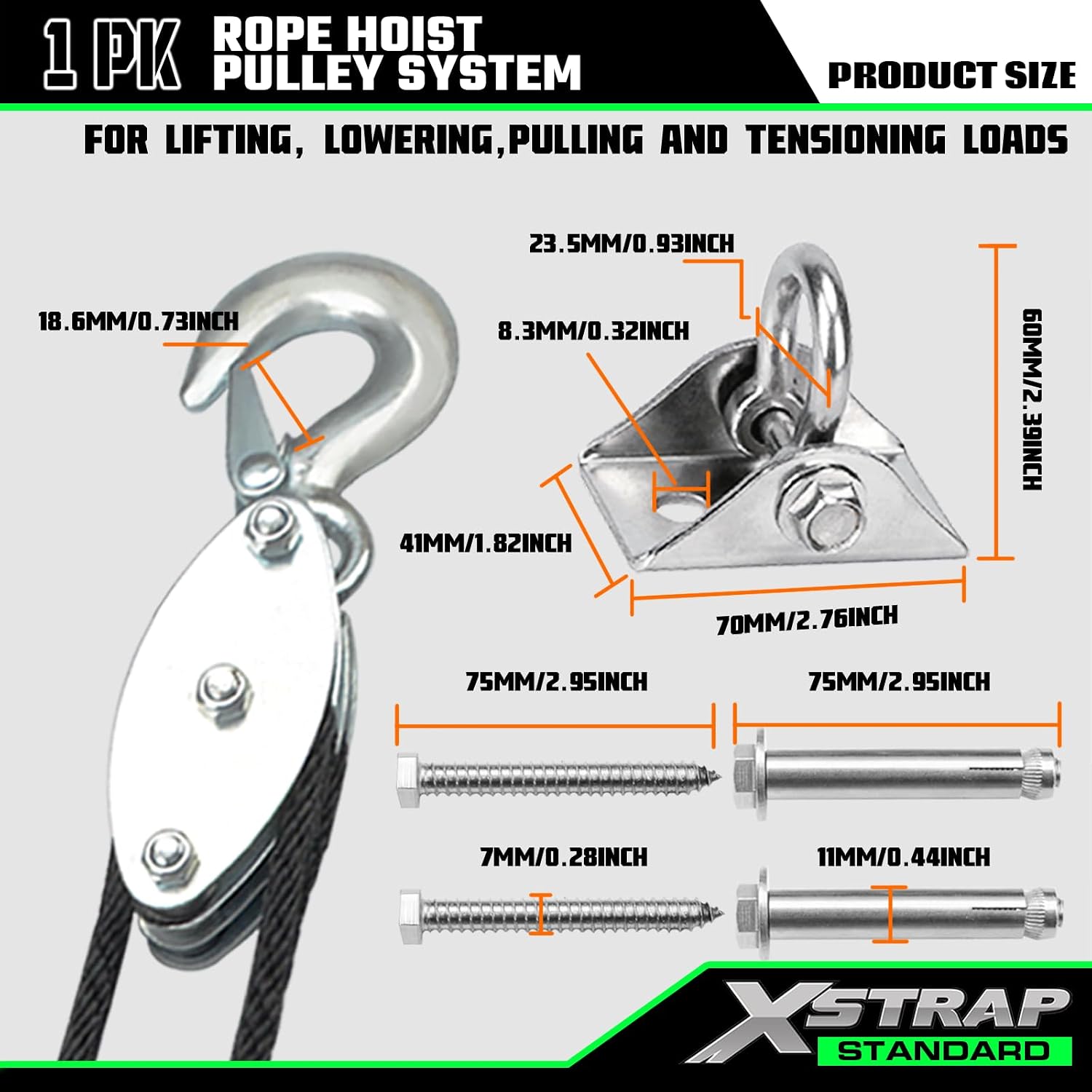 XSTRAP STANDARD Rope Hoist Pulley System, 1000LB Capacity Block and Tackle, 5:1 Lifting Power 50ft Heavy Duty Pulley Block for Hunting Lifting Objects with Work Gloves, 2pcs Soft Loops, 1 Swing Hanger