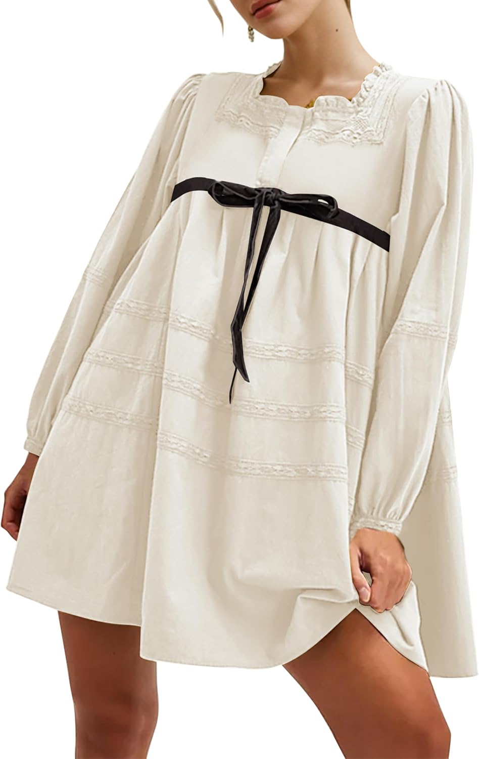 Burtell Women Flowy Long Puff Sleeve Mini Dress Casual Square Neck Lace Embroidered Babydoll Dress Bow Tie A-line Tunic Dress