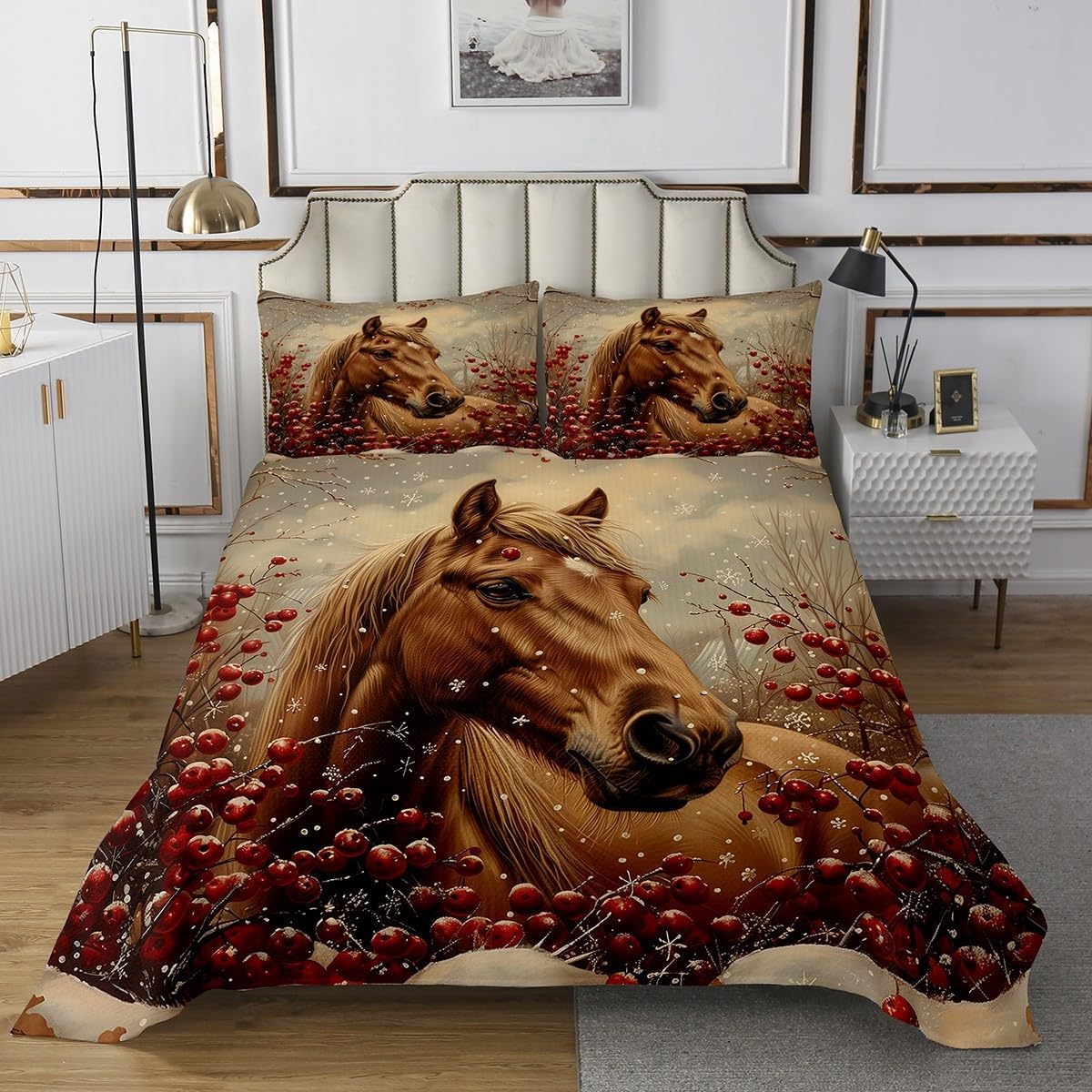 Erosebridal Christmas Horse Bedspread Sets Queen Size Xmas Farm Animal Coverlet Set Winter Red Beans Bed Set Christmas Snowflake Bedding Set