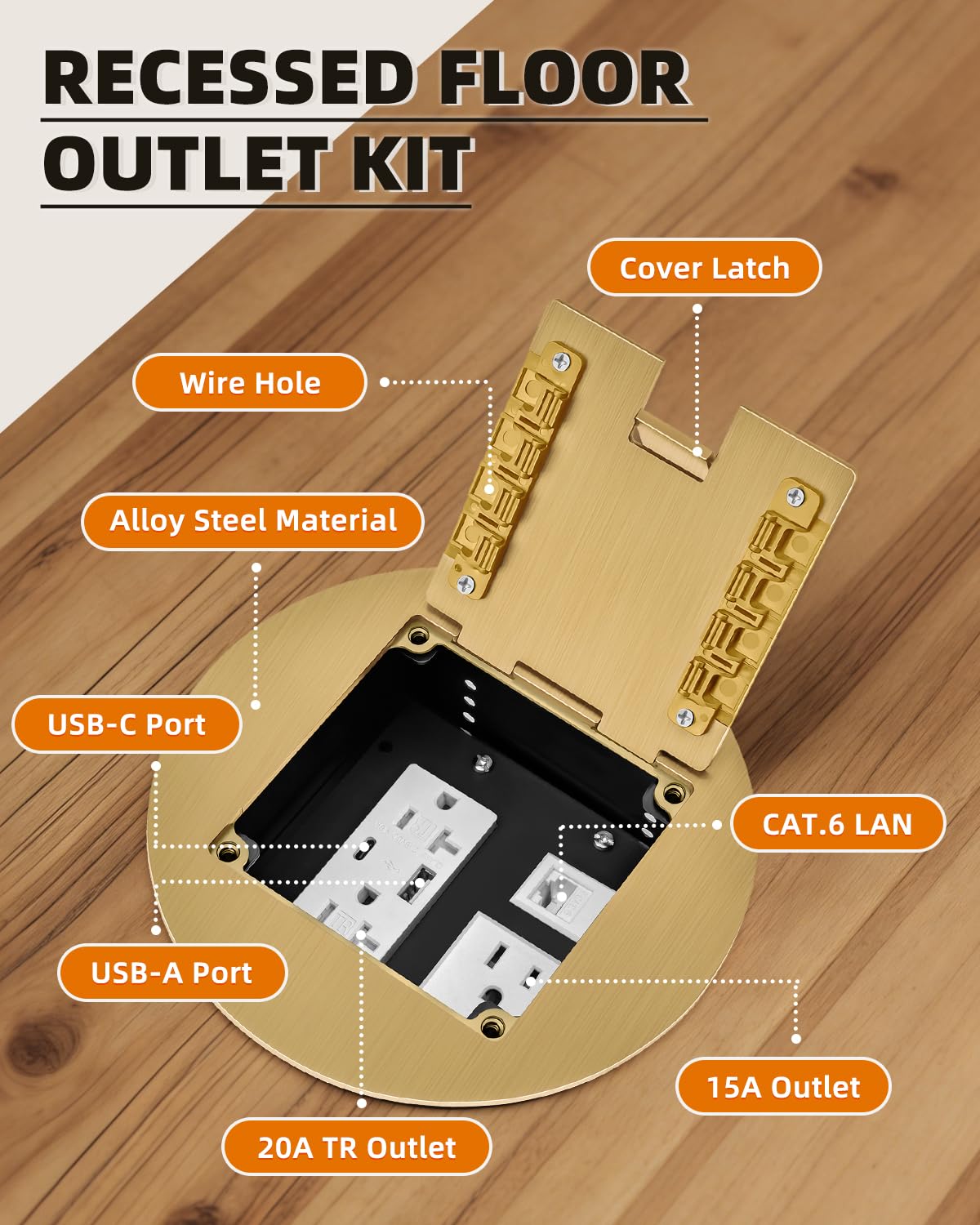 Floor Receptacle, 20 Amp Recessed Floor Outlet Box 4. 8A USB Chargers and LAN Port, Round Outlet Cover Plate (Brass, USB A+C and LAN)