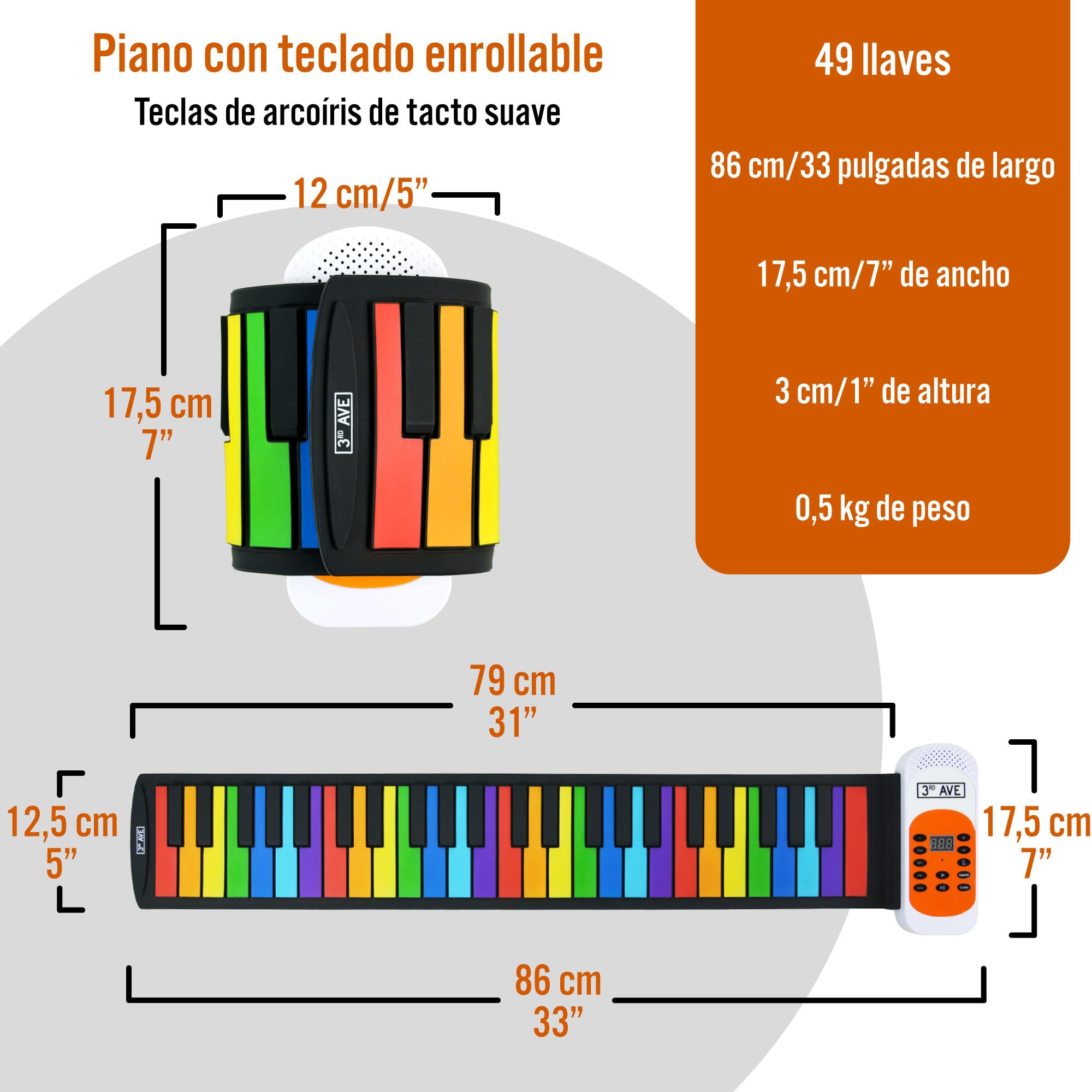 3rd Avenue 49 Key Rainbow Soft Touch Roll Up Piano