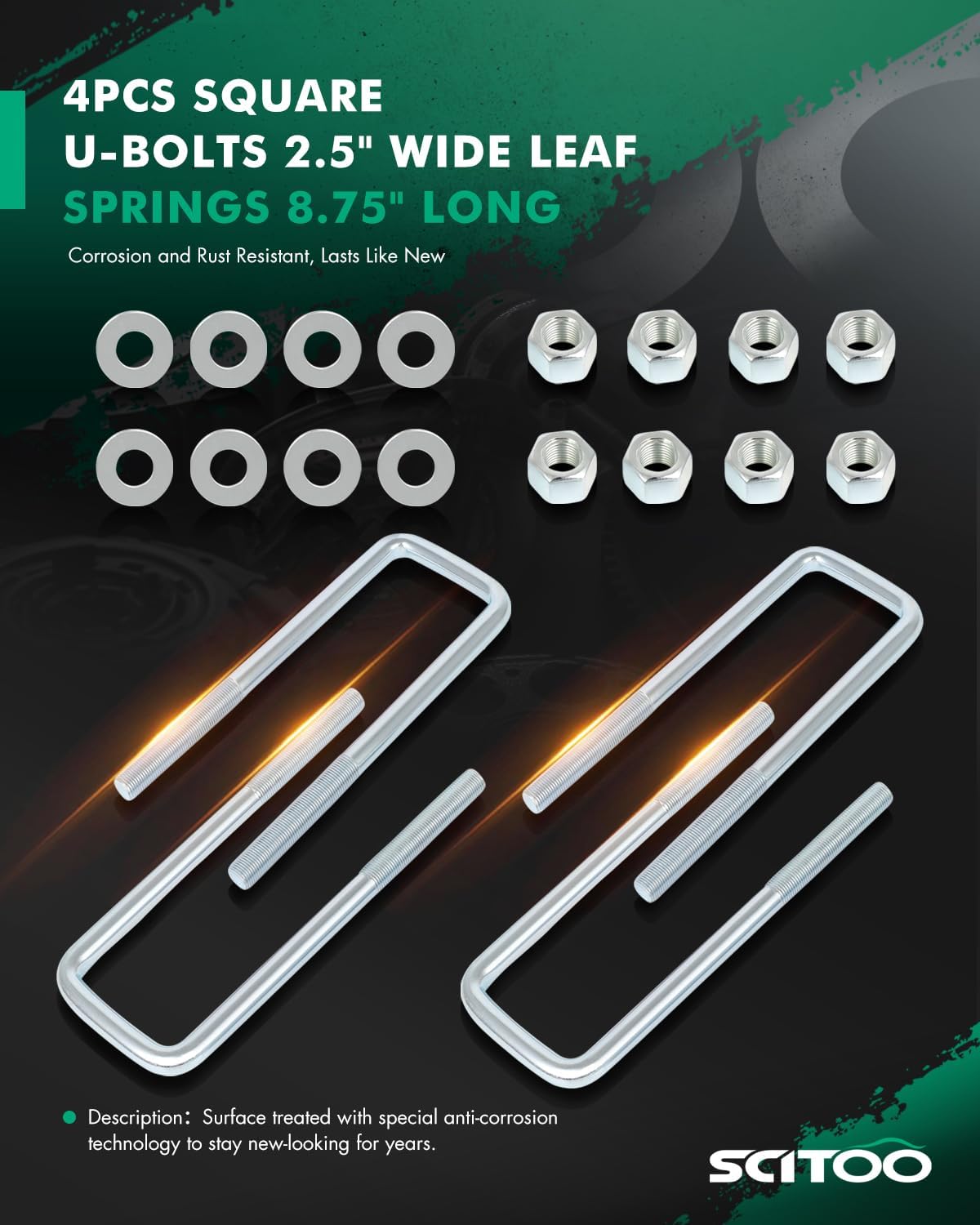 SCITOO suspension u-bolt kit 4PCS Square U-Bolts 2.5" Wide Leaf Springs 8.75" Long Compatible With 1988-2019 For Chevy Silverado For Gmc Sierra 1500 W/Hardware