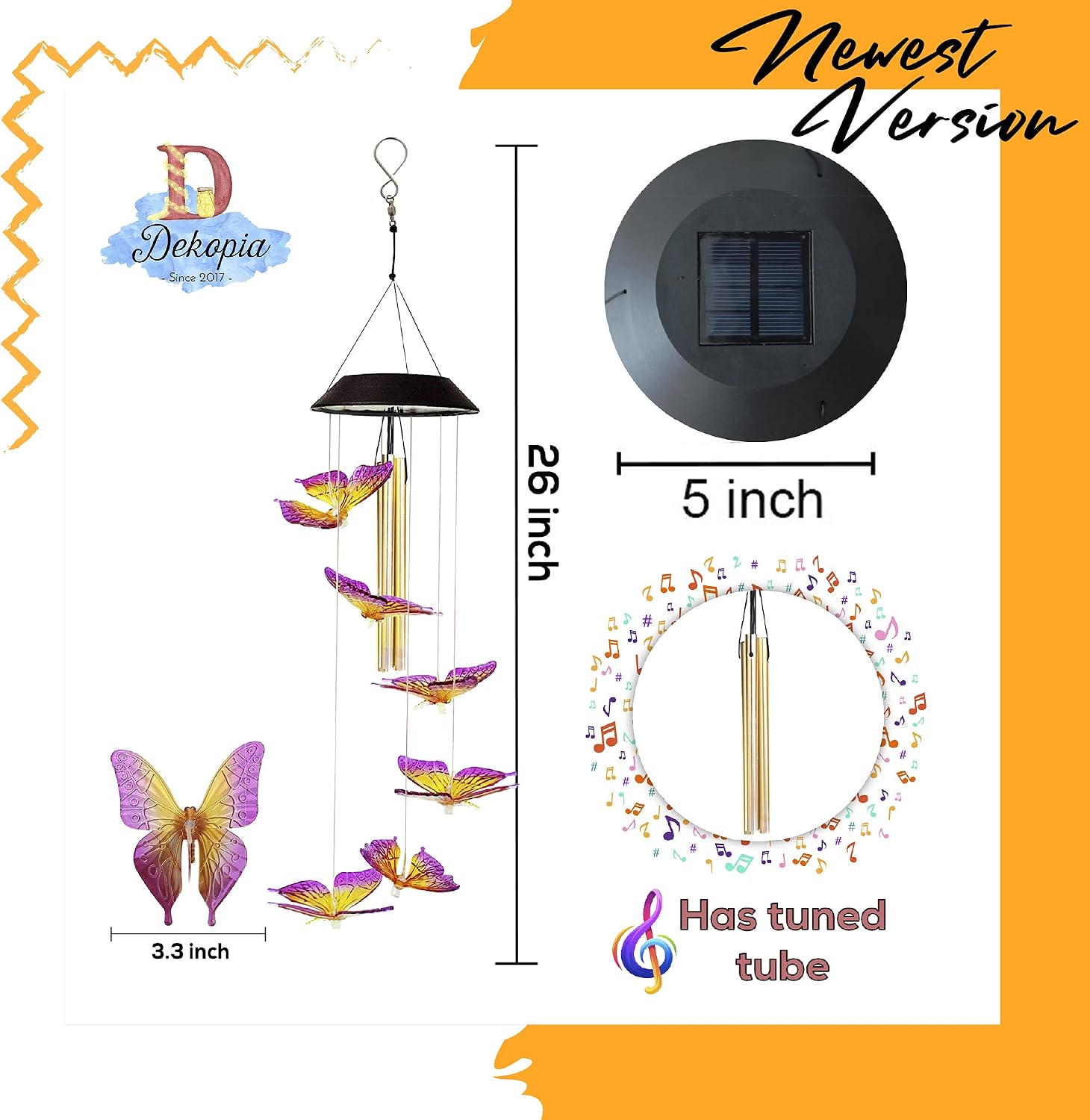 Dekopia [Updated] Solar Wind Chimes Butterfly with 03 Tuned Tubes Butterfly Solar Lights Outdoor Butterfly Wind Chimes Solar Butterfly Wind Chime Outdoor Color Changing Solar Mobile Night Garden