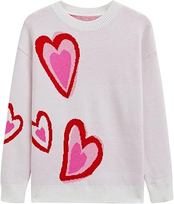 CHICWISH Women Casual Heart Pattern Knit Sweater Crew Neck Long Sleeve Valentines Soft Cute Pullover Sweater Top