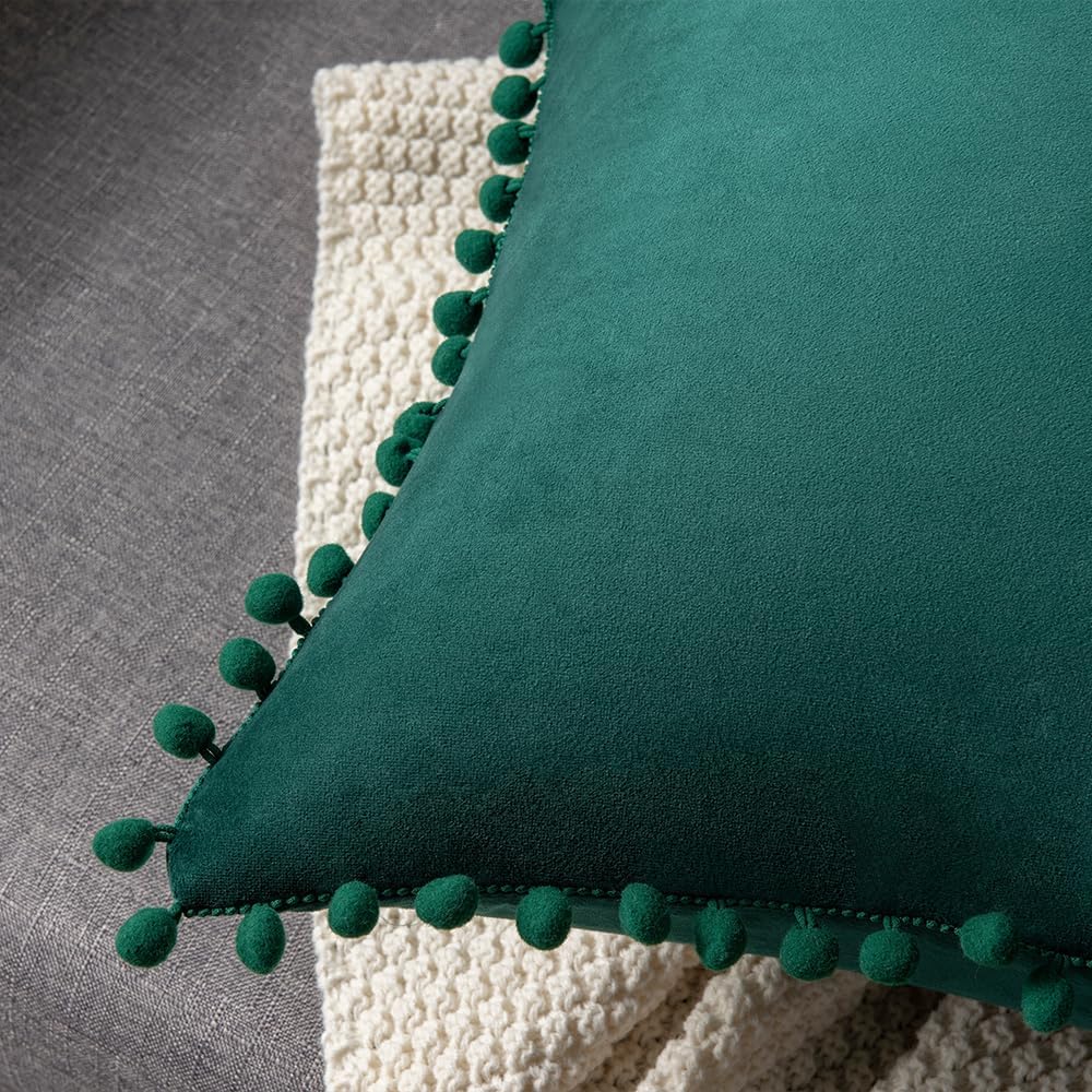 DEZENE Decorative Pillow Covers 20x20 Green: 2 Pack Cozy Soft Pom-poms Velvet Square Throw Pillow Cases for Farmhouse Home Decor