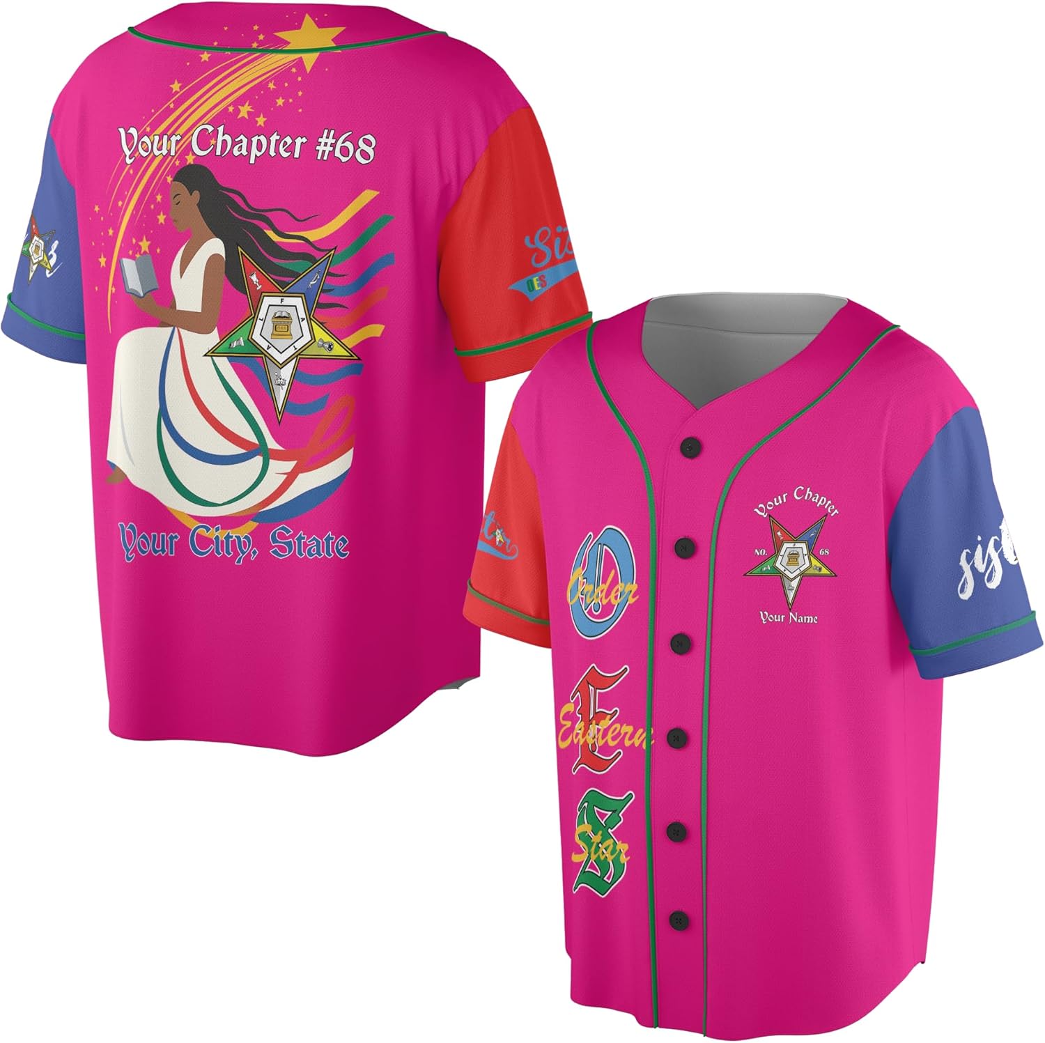 Custom Chapter Name OES Diva Sister Order of The Eastern Color Block 3D Baseball Jersey S-5XL