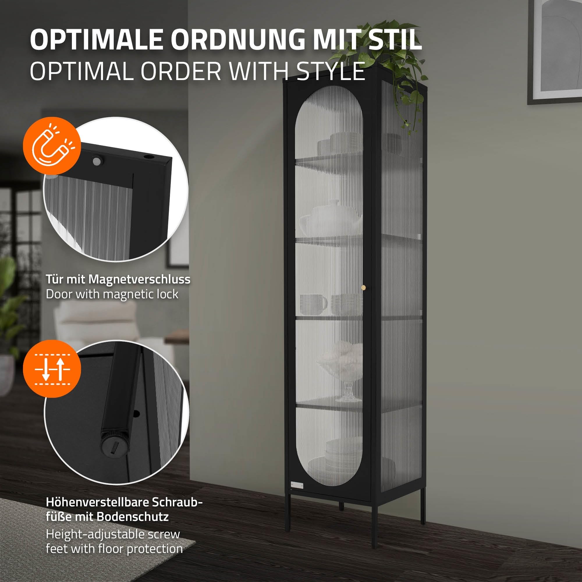 ML-Design gablota 42x175x40 cm czarna waska gablota z 5 pólkami i 1 drzwiami metalowa gablota do salonu wykonana ze stali styl industrialny wysoka gablota regal szafka na dokumenty szafka biurowa