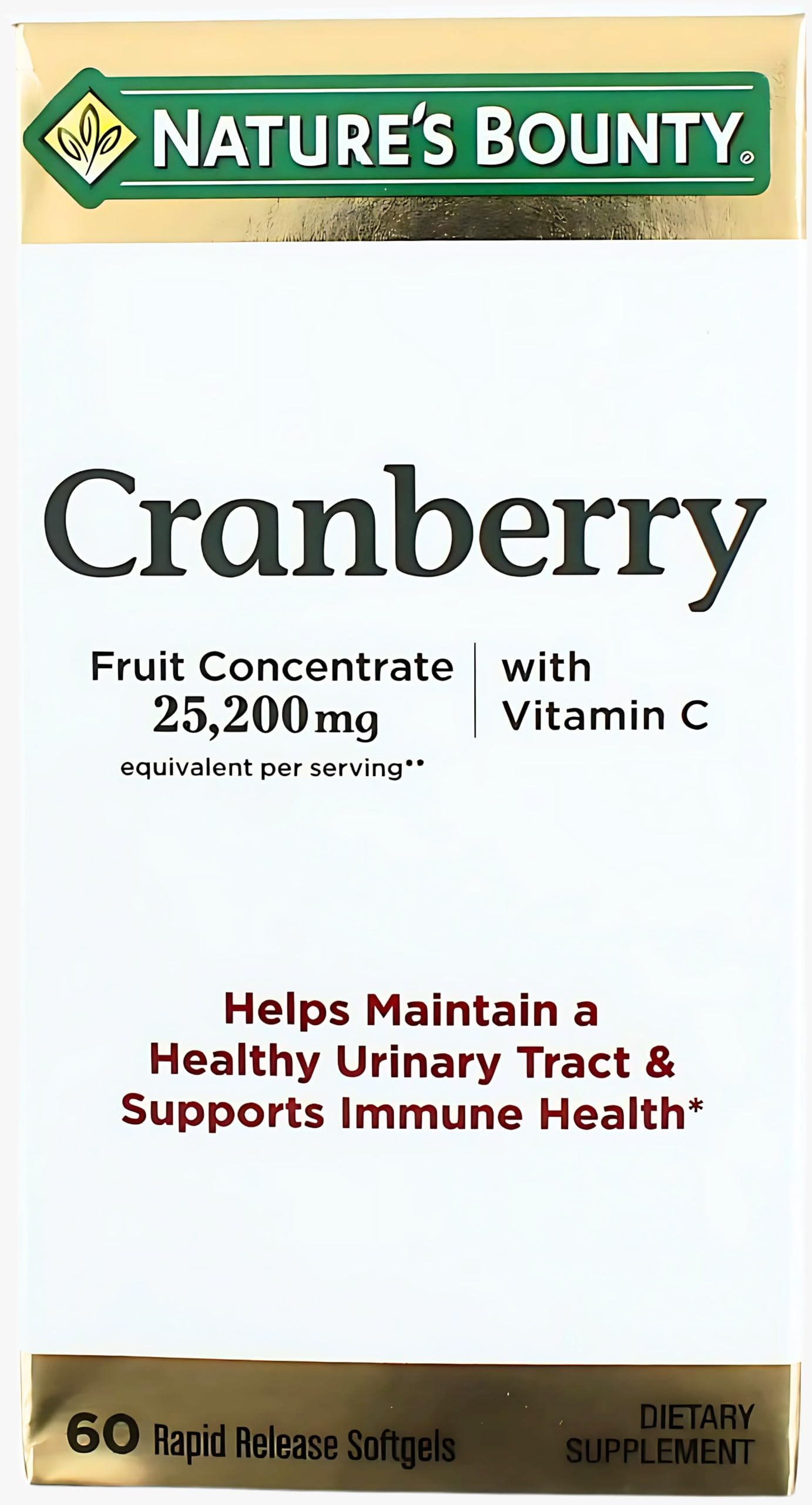 Nature's Bounty Cranberry Dietary Supplement, Supports Urinary Tract and Immune Health, Softgels, 25,200 Mg, 60 Ct