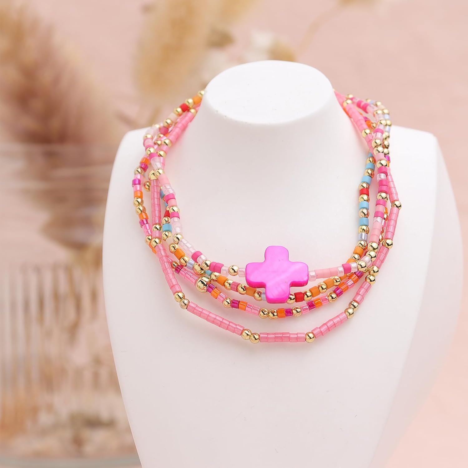 Gold Colorful Cross Beads Stretch Stack Bracelets Set for Women, Trendy Handmade Beaded Elastic Stackable Friendship Bracelet Holiday Fashion Jewelry Gift - Image 3