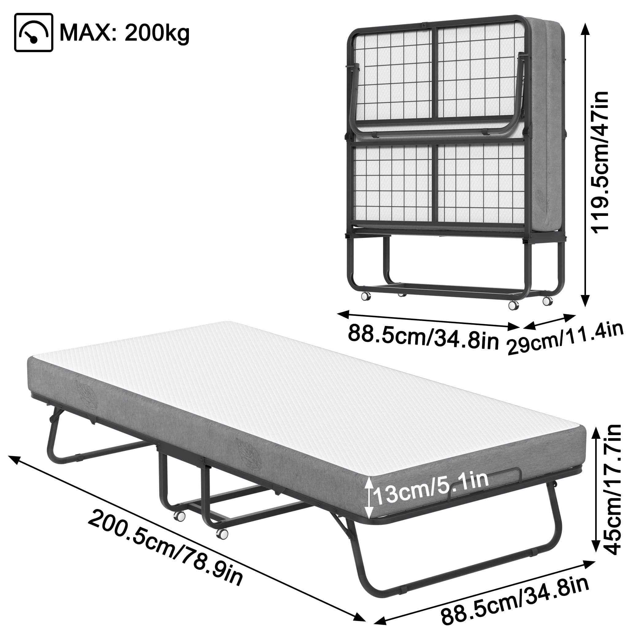 FIVMEN Klappbett 90x200 cm Bett Feldbett Gästebett Klappbar mit 13cm Dicker Schwamm Matratze Tragbar Bettgestell Reisebett mit 4 Laufrollen, bis 200 kg Belastbar