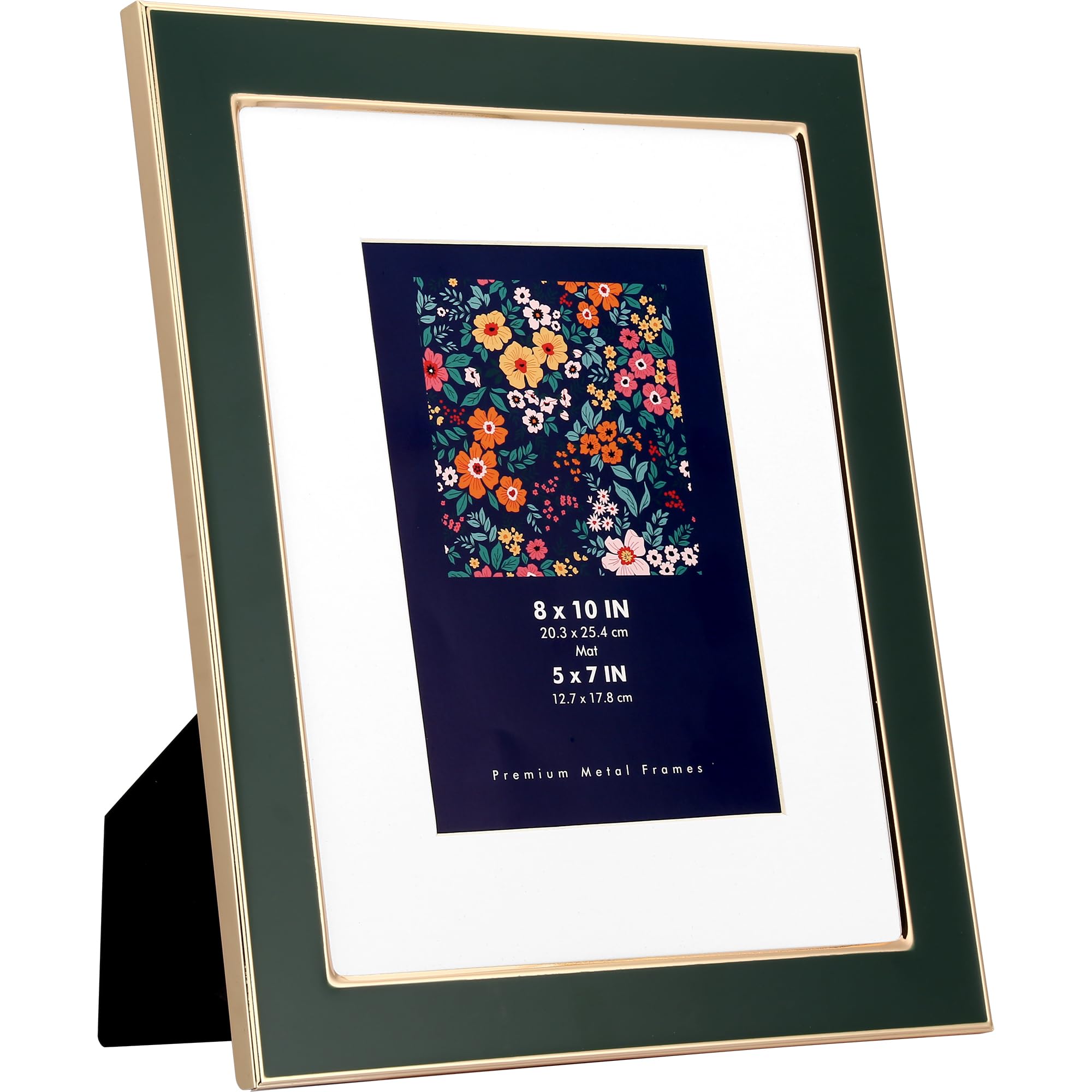 8x10'' Green Enamel Picture Frame with Acid Free Mat for 5x7'',Gold Metal Edge with Real Glass and Premium Velvet Backing,for Wall and Tabletop Display Family Office Photo Gallery