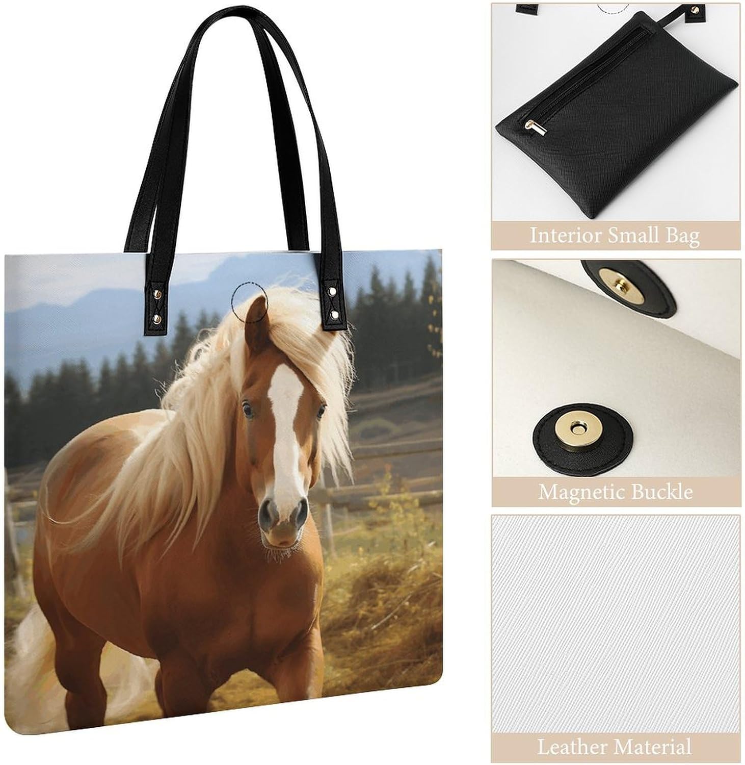 Cute Brown Horse Handbags Large Capacity, Tote Bag Stylish Slouchy, Shoulder Bags for Work Beach Travel And Shopping Grocery.