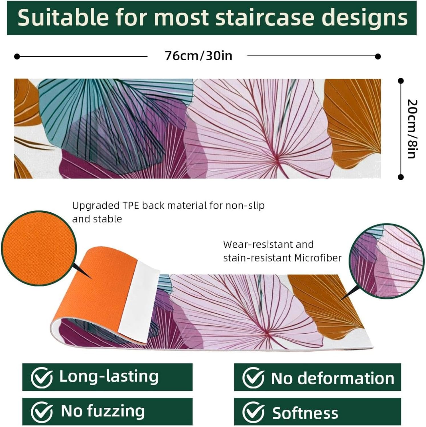 Abstract Floral Palm Leaves (3) Carpet Stair Treads for Wooden Steps Indoor, 15 Pack Slip Resistant Stair Rug Staircase Step Treads Pads for Pet, Kids and Elderly