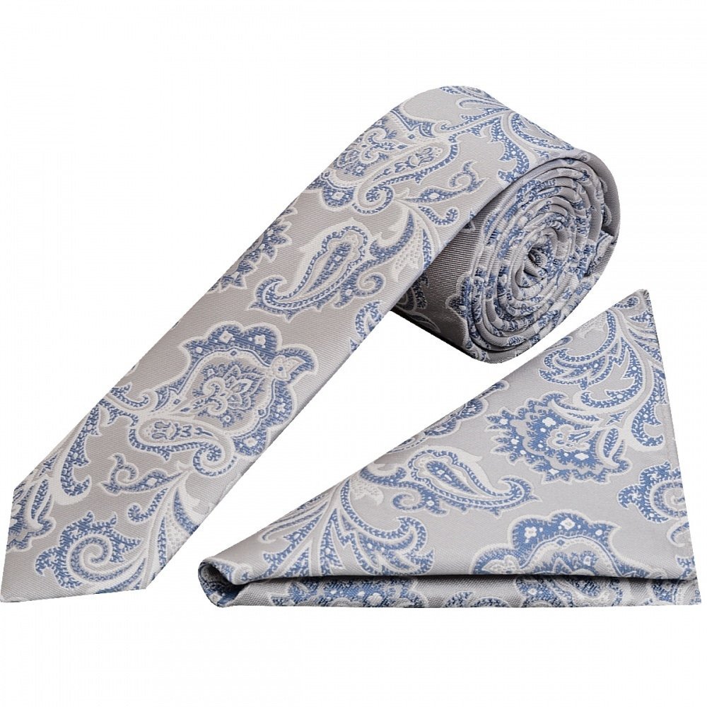 TIES R US Silver and Blue Paisley Skinny Boys Tie and Pocket Square Set