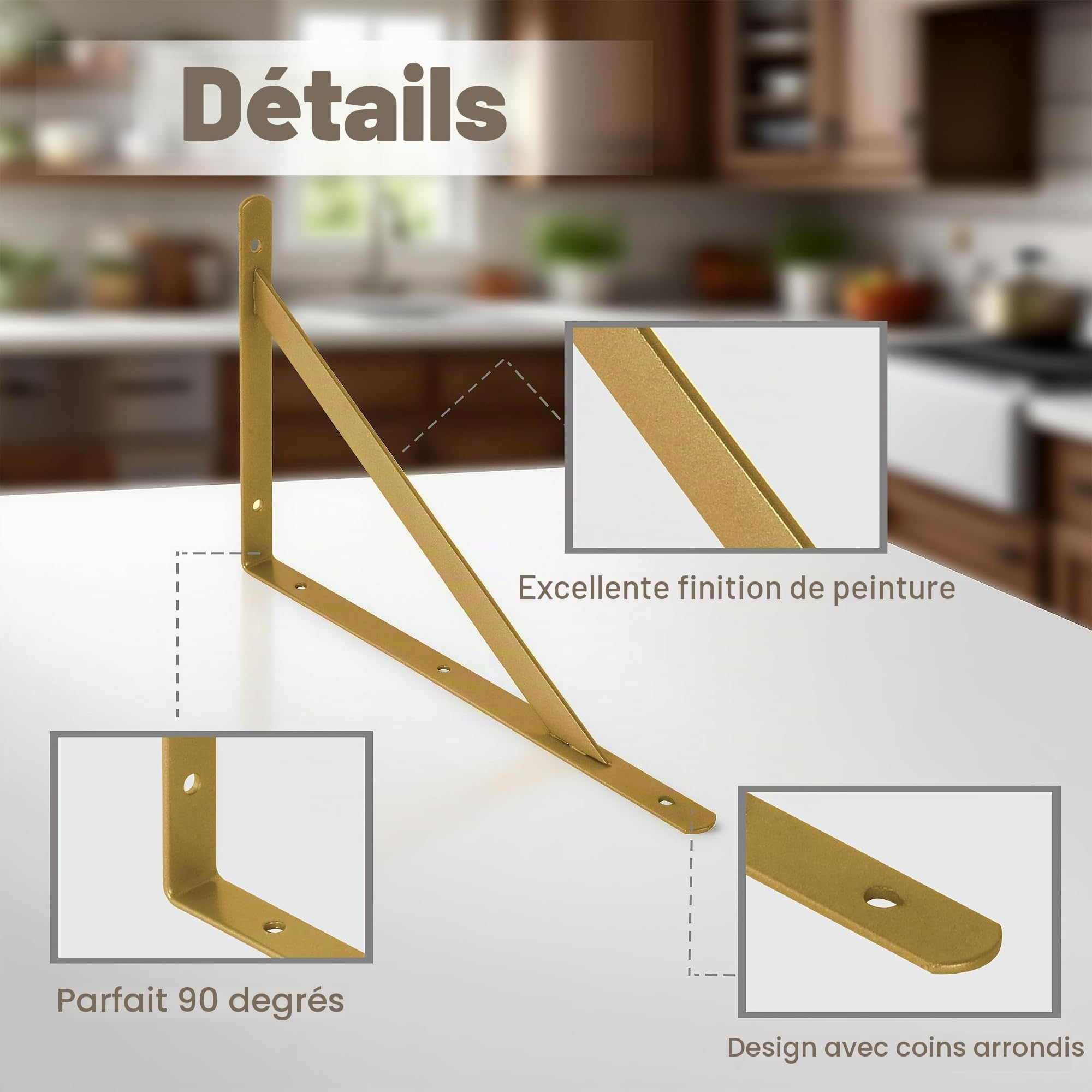 Lot de 12 supports d'étagère triangulaires dorés à angle droit pour étagère murale 25,4 cm