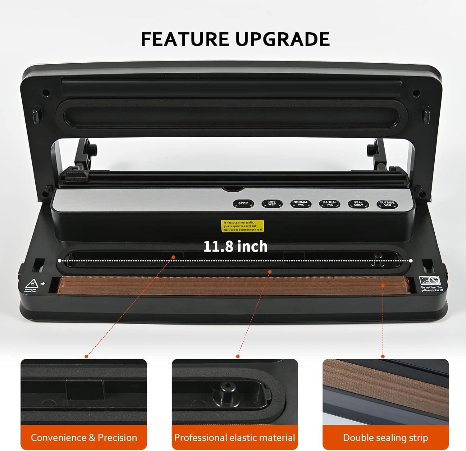 Dalaman view of the Danicub Vacuum Sealer showing the 11.8 inch sealing area, convenience and precision features, professional elastic material, and double sealing strip.