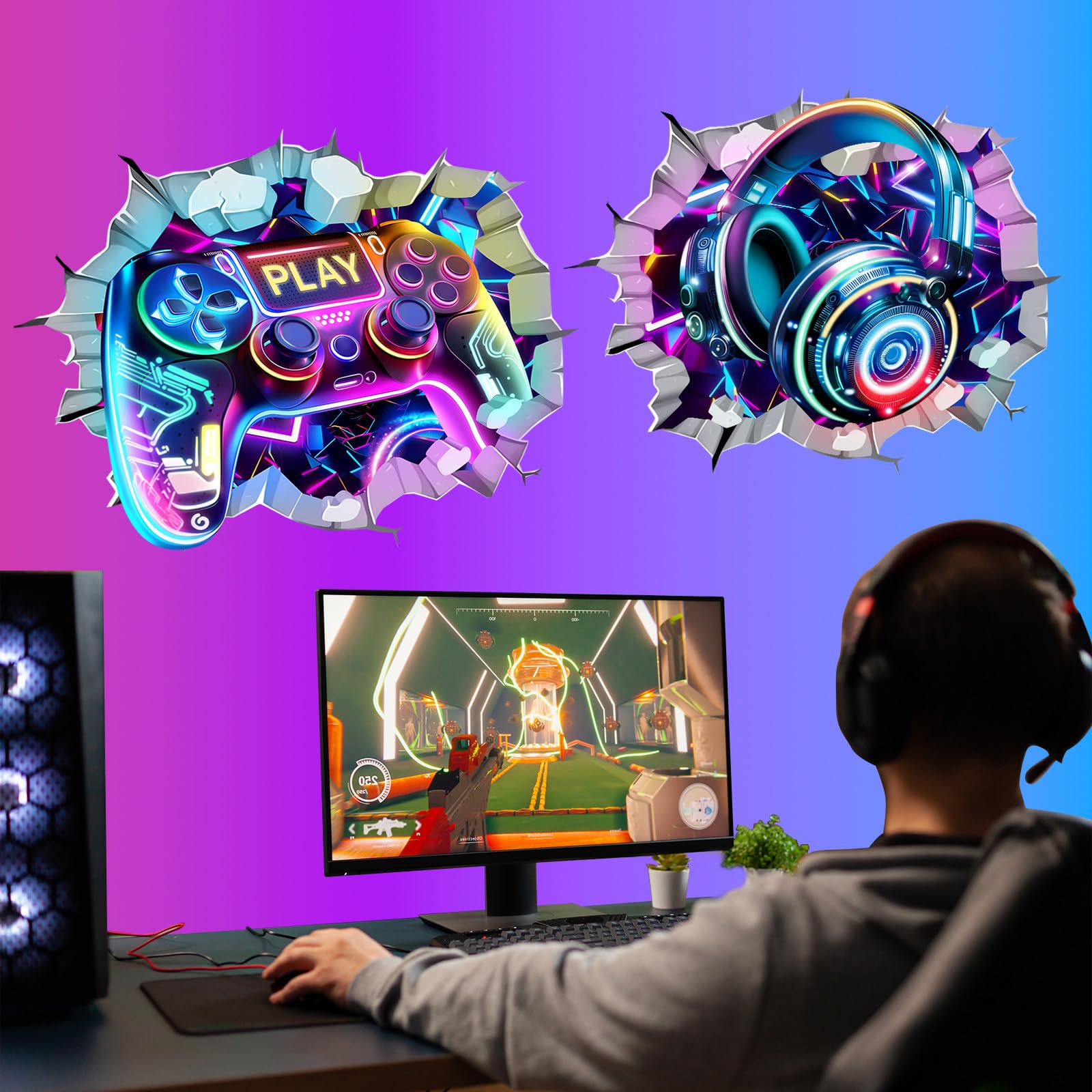 wondever 2 PCS 3D Game Wall Stickers Gamer Controller Video Gaming Joystick Peel and Stick Wall Art Decals for Boys Bedroom Kids Room Playroom - Image 2
