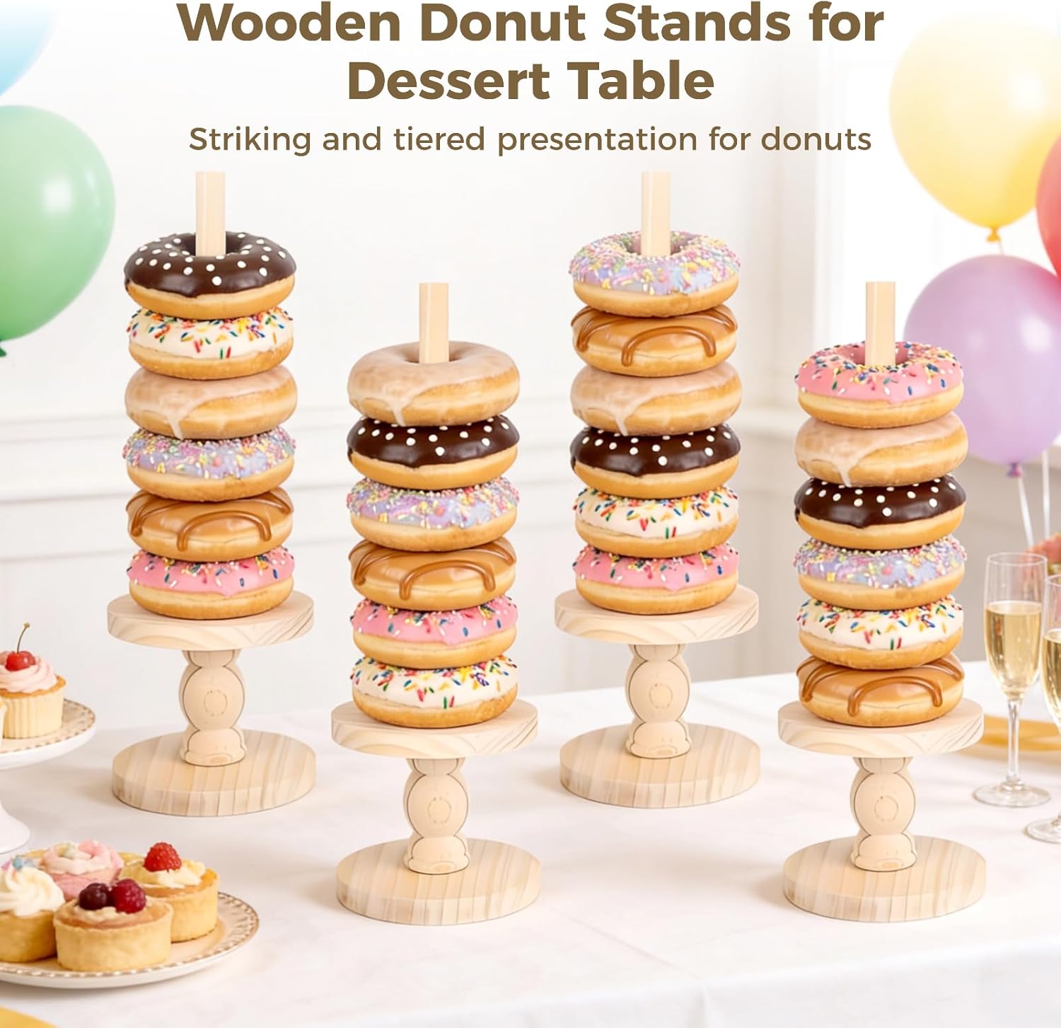 4 Pcs Wooden Donut Stands for Dessert Table, 16.92 in Donut Display Stand for Party, Stackable Tower Holder Bagel Holder Stand for Wedding, Birthday, and Tea Party