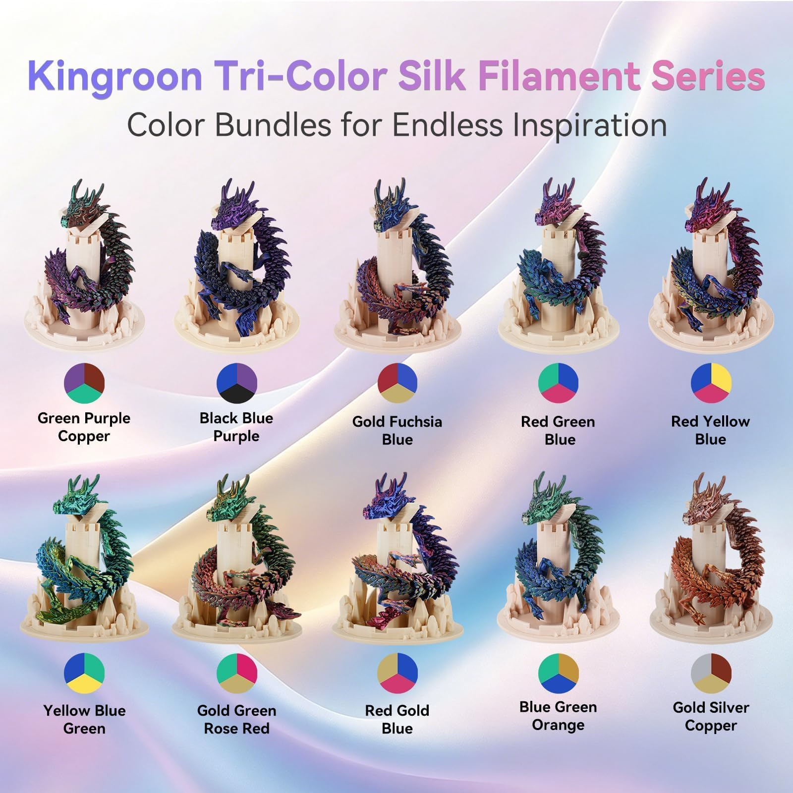 Kingroon Filamento de ácido poliláctico, filamento PLA de seda de triple color, 10 rollos, carrete de 22 libras (22 libras), 1.75 mm, precisión dimensional +/- 0.03 mm, 10 colores triples diferentes