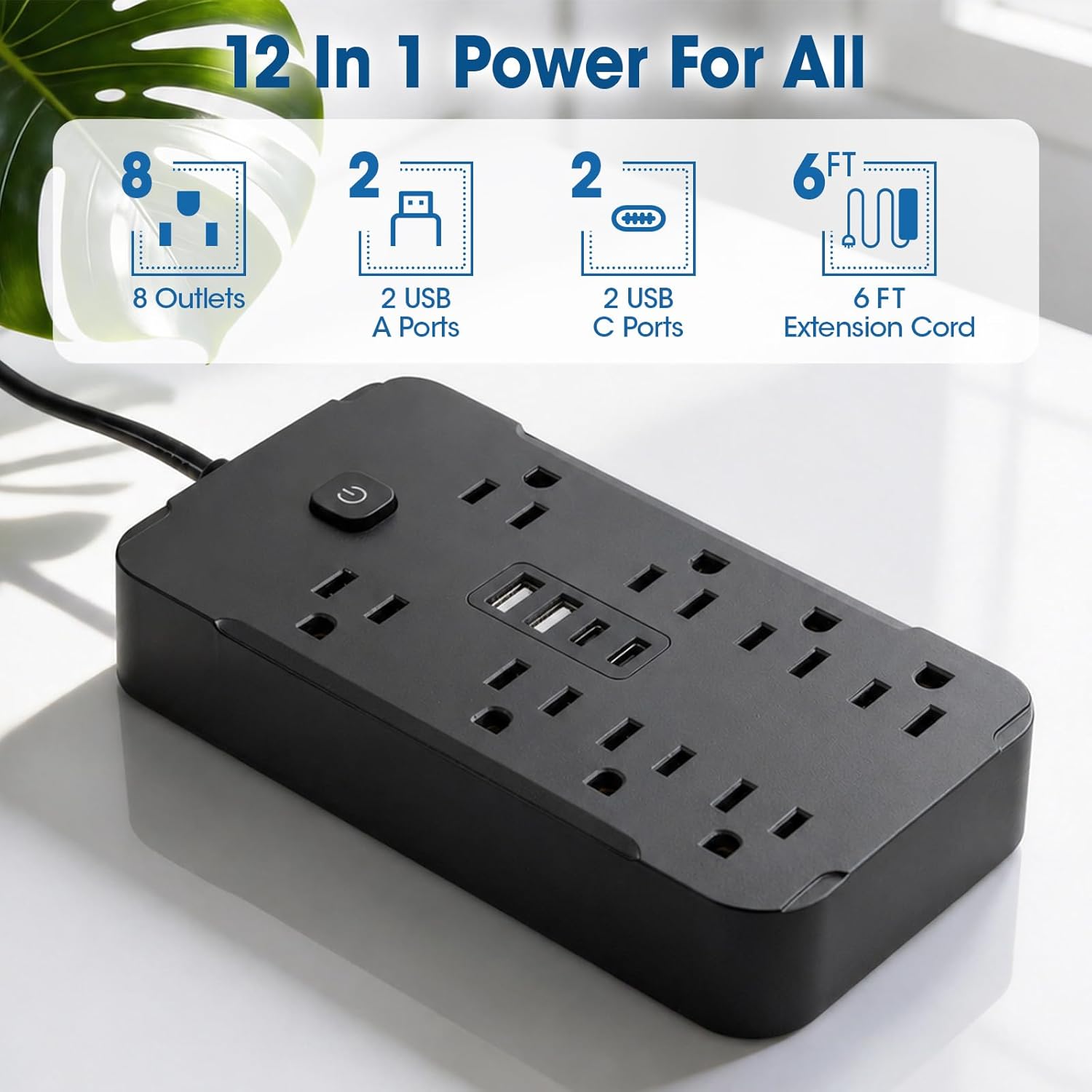 2 Pack 6 Feet Surge Protector Power Strip, 8 AC Outlets and 4 USB Ports (2 USB C), 1430W/11.5A, Flat Plug Extension Cord Outlet Extender for Office, Home, Black