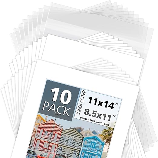 MBC MAT BOARD CENTER, Pack of 10-11x14 Pre-Cut 8.5x11 - White Mats - for Pictures, Photos, Framing - Kit Includes: 10 White Backboards and 10 Clear Bags - Acid Free, 4-ply Thickness, White Core