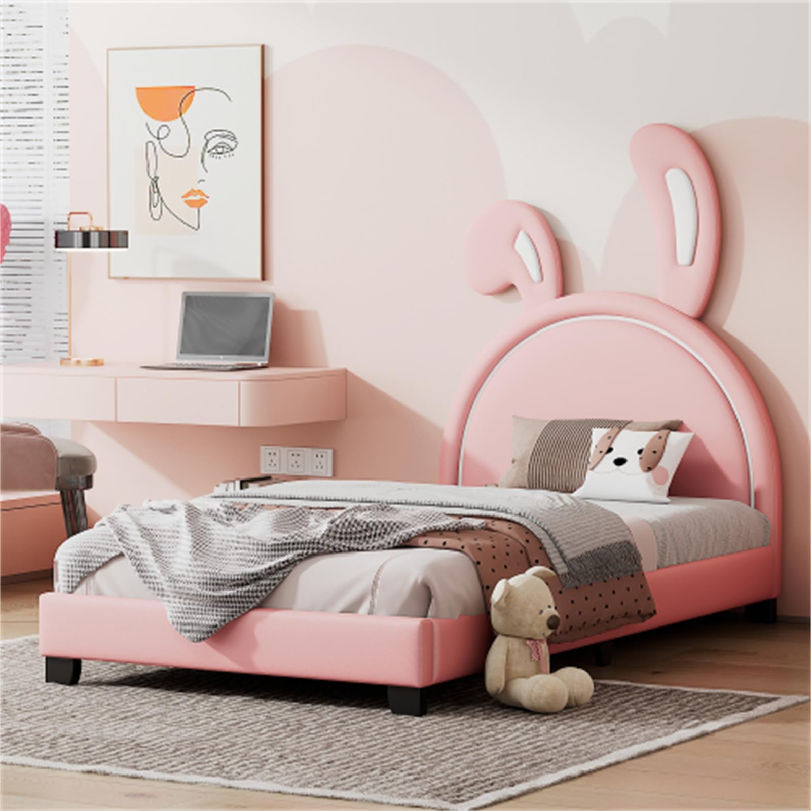Cama Infantil 90x200 Cm, Cabecero En Forma De Orejas De Conejo, Patas Elevadas, Cama para Niña En Color Rosa Y Blanco, Cuero Sintético Resistente con Listones De Madera, Fácil De Montar(Color:Rosa)