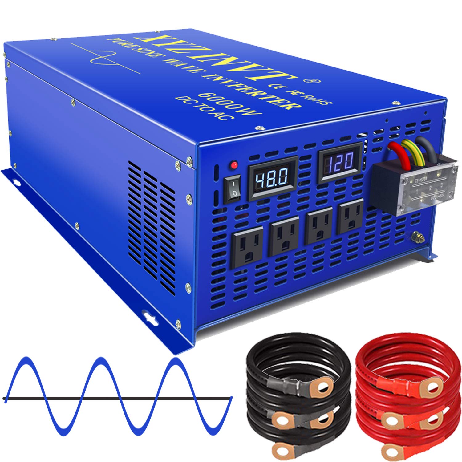 6000w Power Inverter Pure Sine Wave Inverter 48v dc to ac 110v 120v Peak 12000w Heavy Duty for Off Grid Solar Power System Home Emergency (6000w48v)
