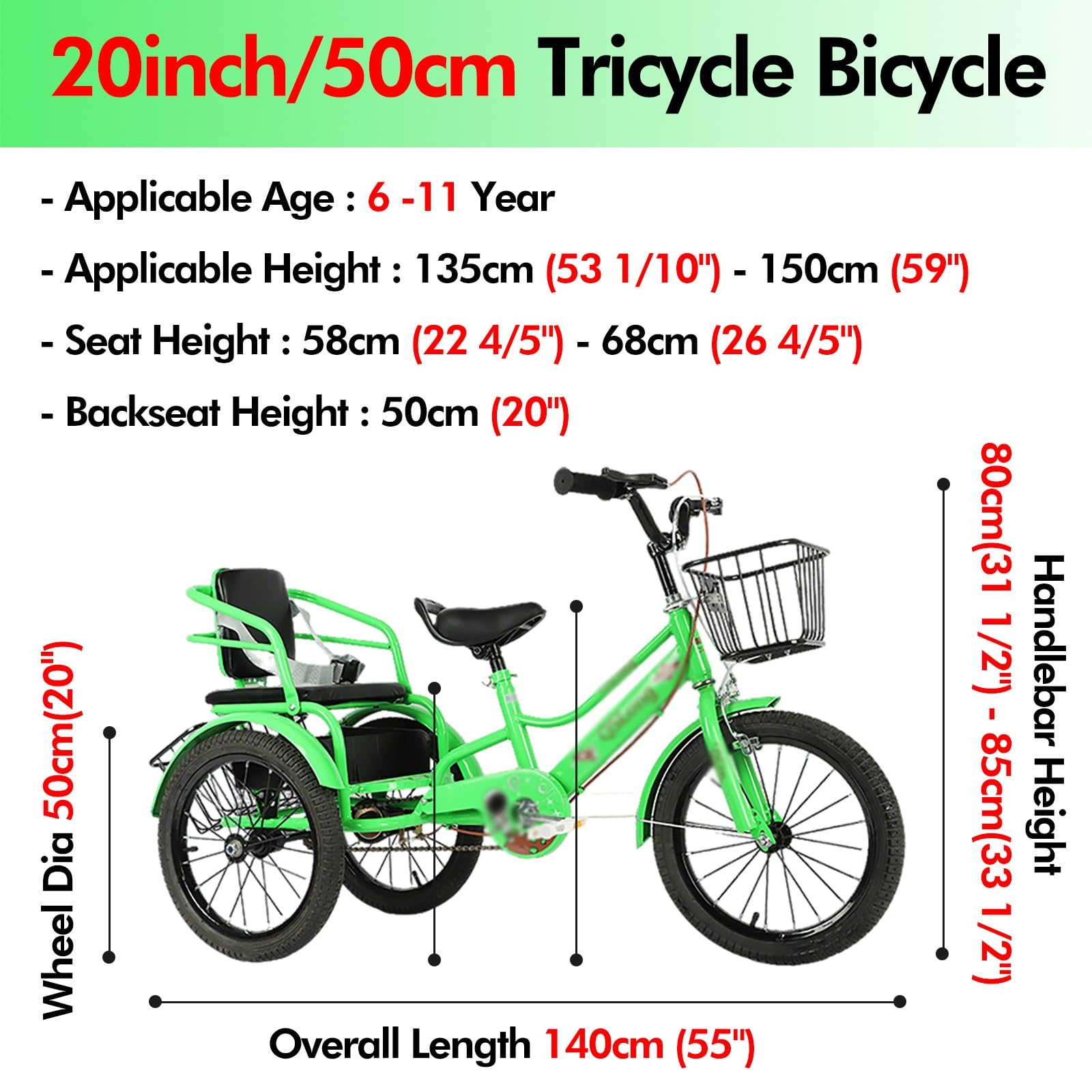 Adulti Tricicli for adulti Bici a tre ruote per bambini, per ciclismo/gite/picnic, bicicletta pieghevole a due posti con cintura di sicurezza/cestini anteriori e posteriori, triciclo(Red,20in)
