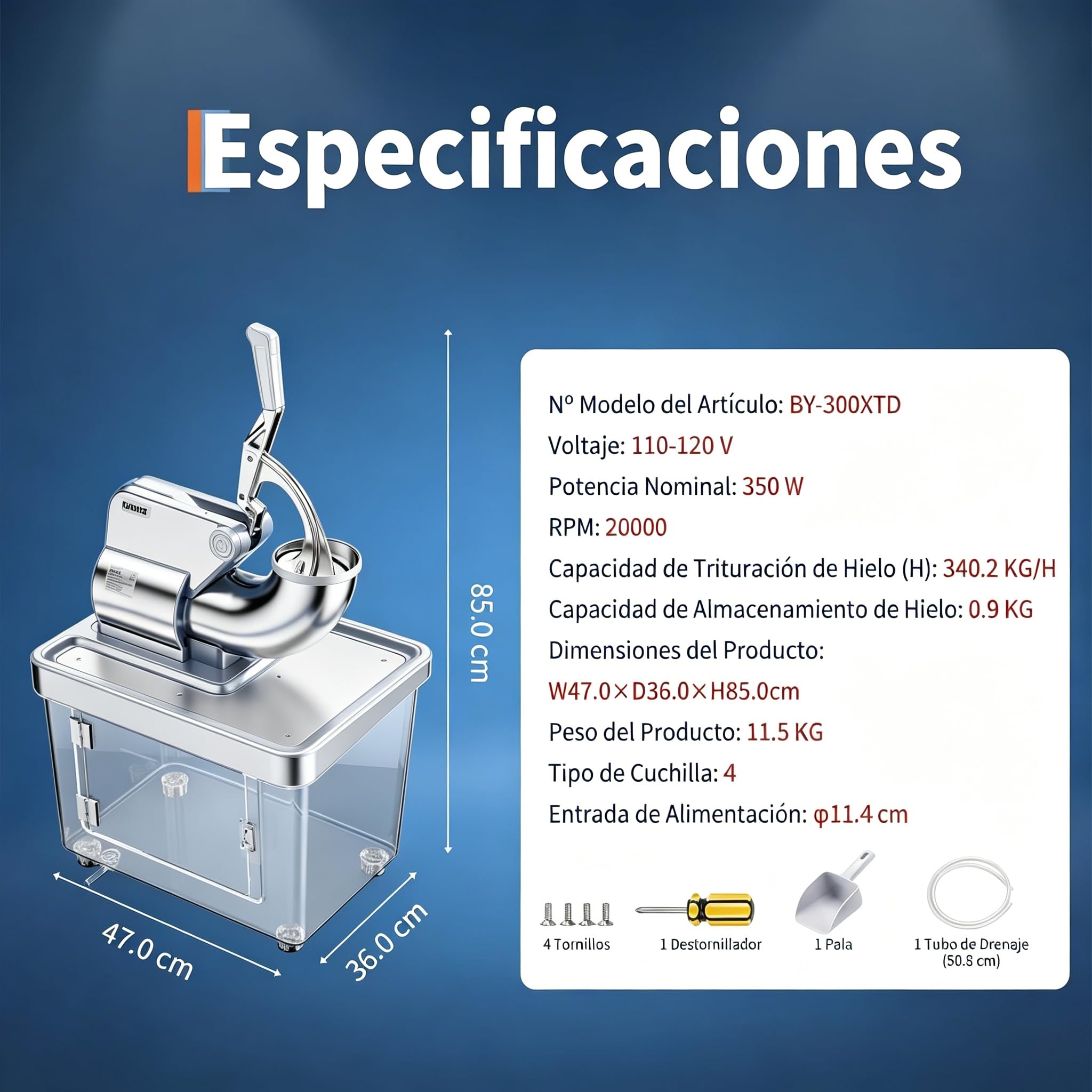 GarveeLife Picadores de Hielo Comercial 300W, Doble Cuchilla 300kg/h, Blanco | Picadores de hielo comercial 300W 300kg/h, doble cuchilla inox tolva 4,5", depósito 50L ETL para bar y eventos, Blanco.