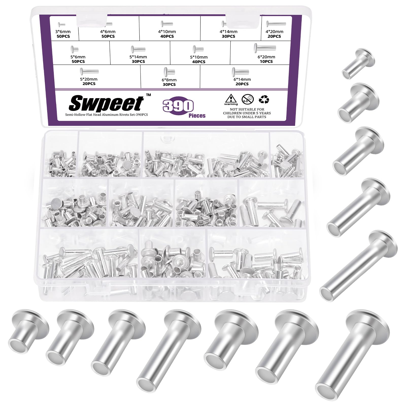 390 Pcs Rivets Kit - Aluminum Flat Head Rivets -1