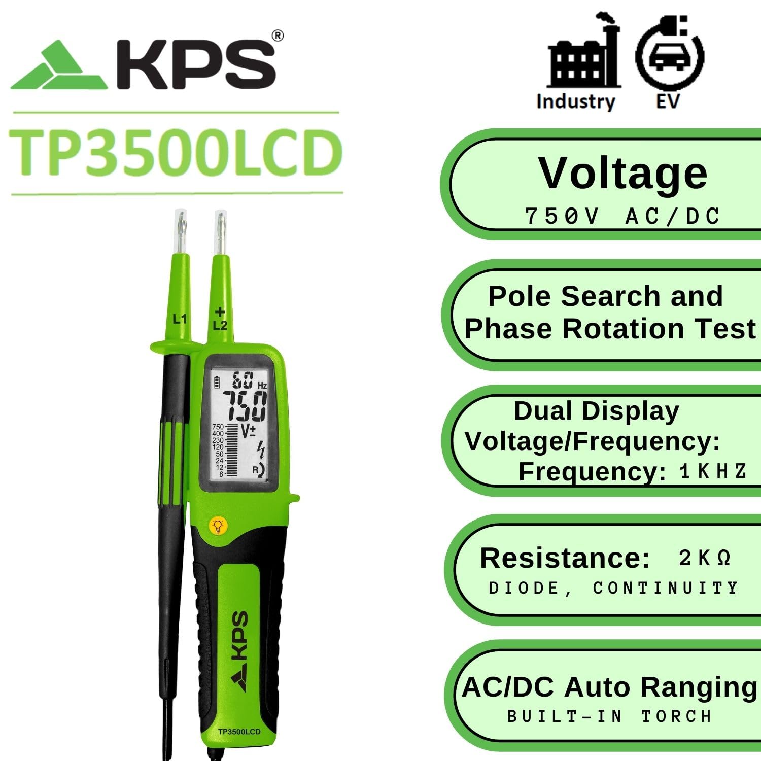 KPS-TP3500LCD Comprobador de Tensión de 2 Polos TRMS Reconocimiento Auto AC/DC 750V con Pantalla LCD Frecuencia Resistencia Continuidad Diodos Comprobación y Secuencia de Fase Activa IP65 CAT.IV
