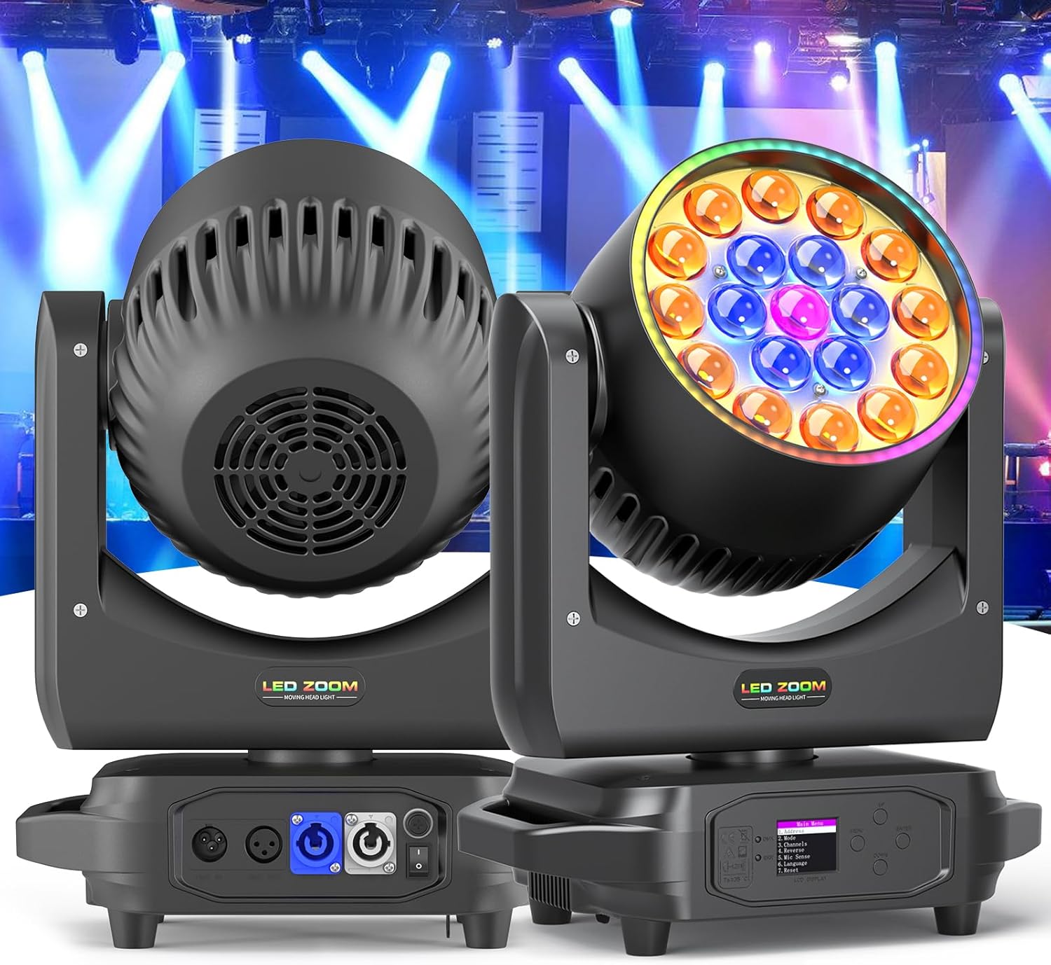پیچھے اور پہلو view of the Datewink Moving Head Light ZQ02102, showing LCD display, control buttons, DMX IN/OUT, and Power IN/OUT ports.