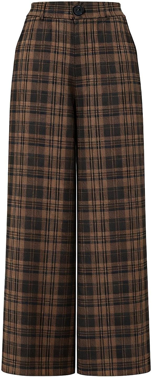 Plaid Pants for Women Wide Leg High Waisted Work Business Dress Pants Color Block Casual Baggy Trousers with Pockets