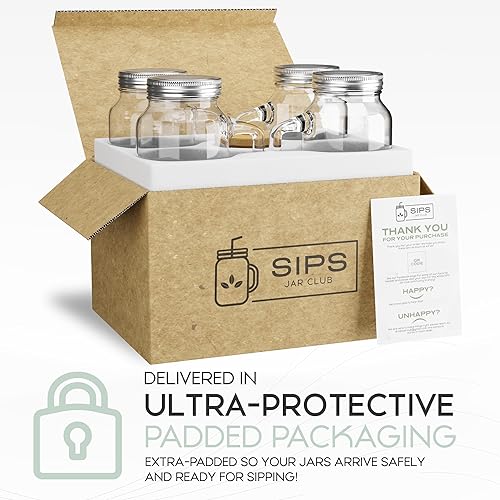 Miniatura 7 de Juego de 4 tazas de tarro Mason de 20 onzas con asas, tapas, pajitas y cepillo de limpieza, tazas de avena y café helado durante la noche