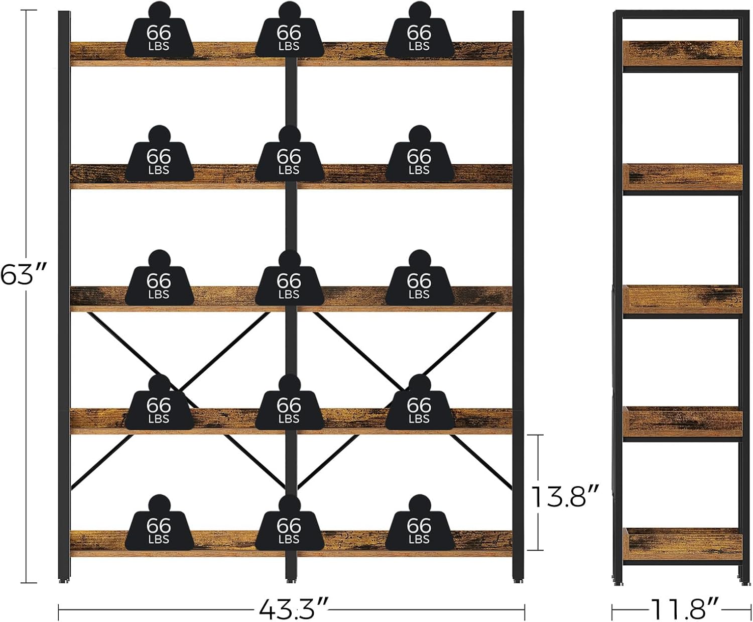 Seventable Bookshelf 5 Tier with 4 Hooks, 63” Industrial Wooden Bookcase, Vintage Storage Rack with Open Shelves, Rustic Standing Bookshelves Metal Frame 43.3” Wide Display Rack, Rustic Brown