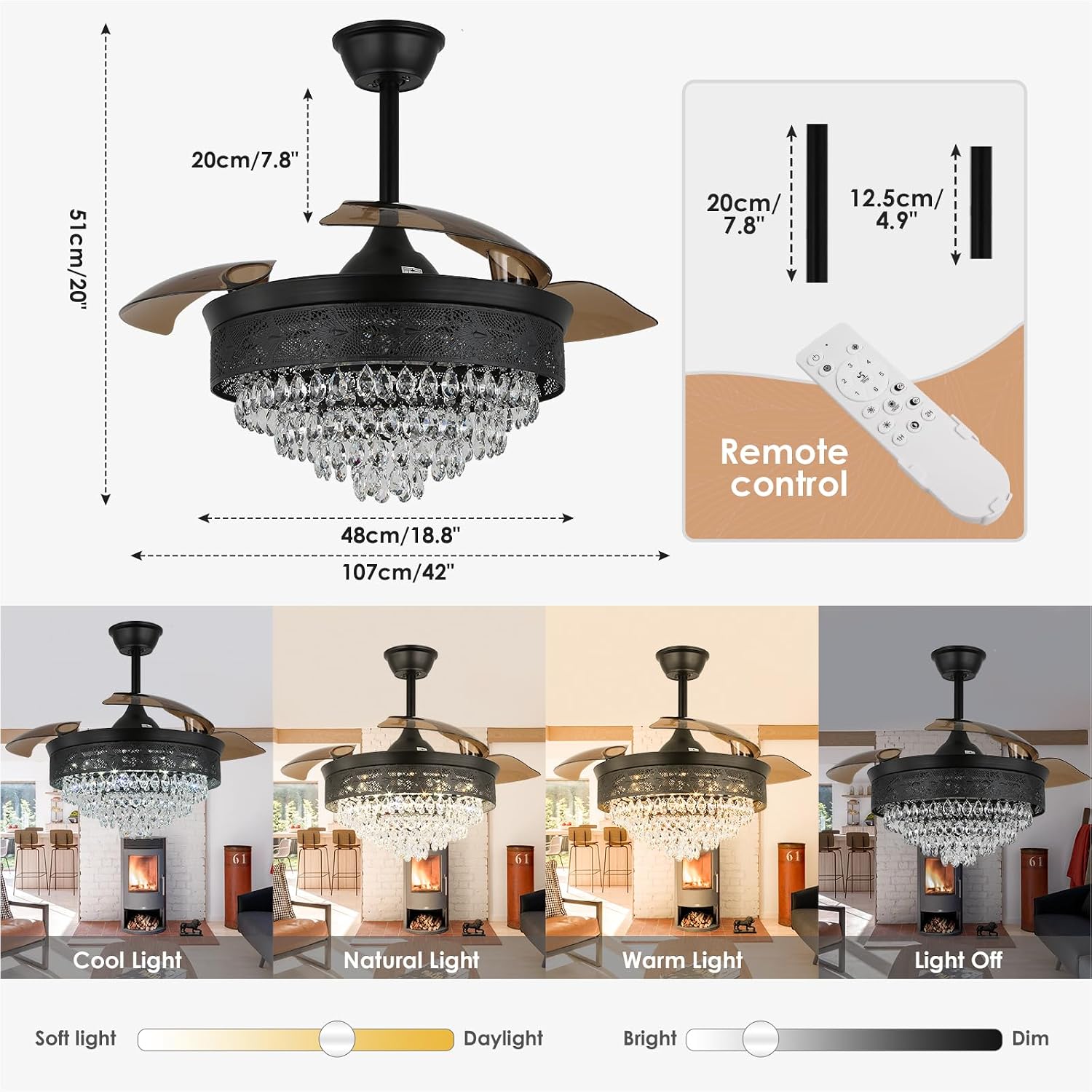 42" Black Crystal Fandelier Dimmable LED Ceiling Fan with Lights Retractable Blades 3 Color with Memory Quiet Reversible 6 Speeds Timer for Bedroom Living Room Dining Room