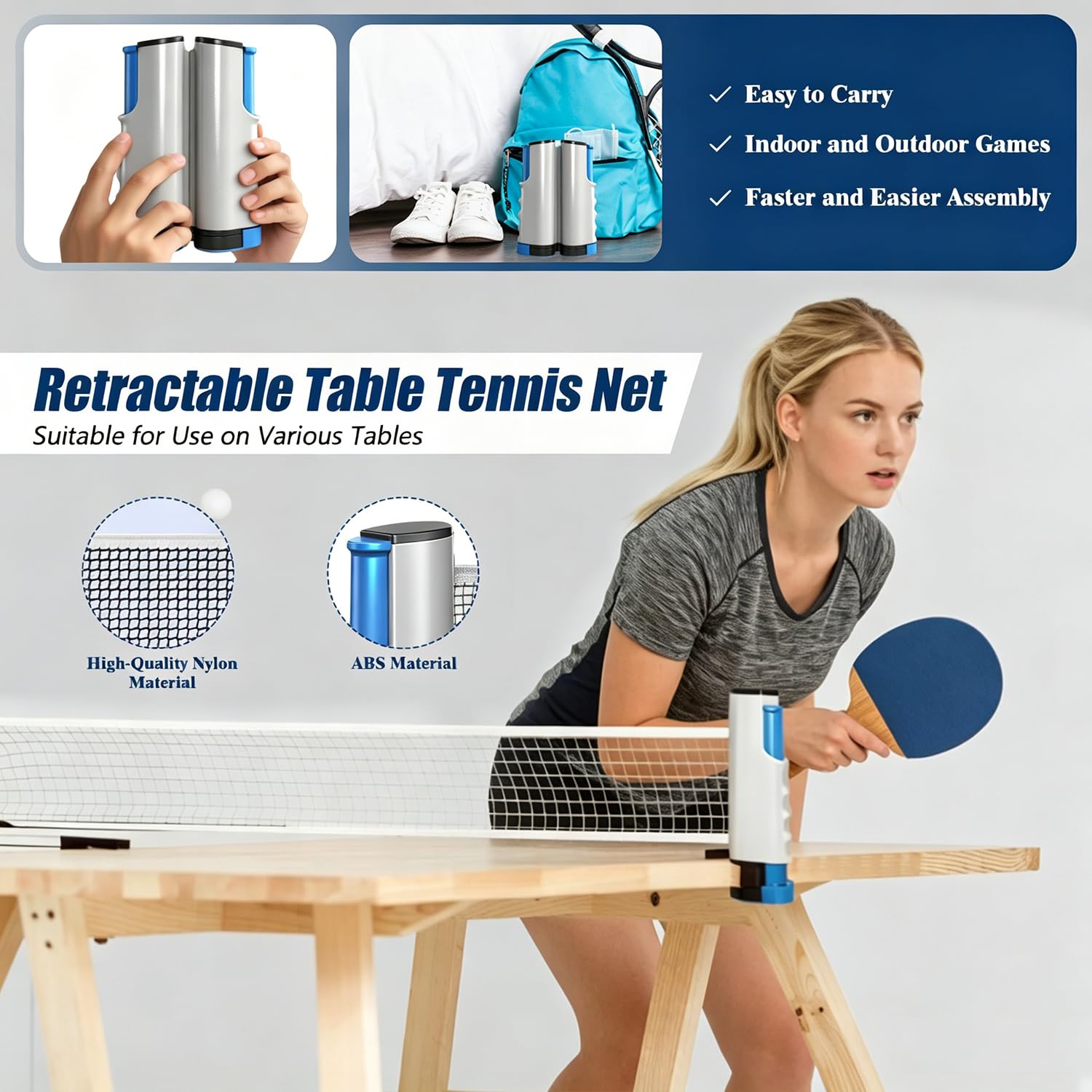 Filet de Ping Pong Rétractable, Filet Ping Pong pour Table Portable, Filet de Tennis de Table, Peut Être Étendu Jusqu'à 170 cm, pour Tables de Ping Pong, Un Bureau, Table Manger, Gris Bleu