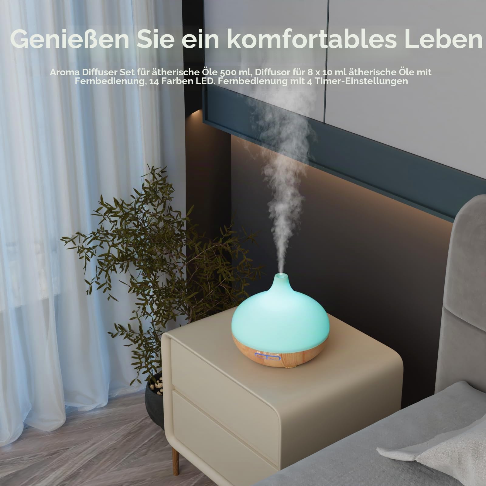 Aroma Diffuser Set für ätherische Öle 500ml Fernbedienung 14 LED Farben 4 Timer Einstellungen Raumduft Ideal für Entspannung, Wellness & Aromatherapie