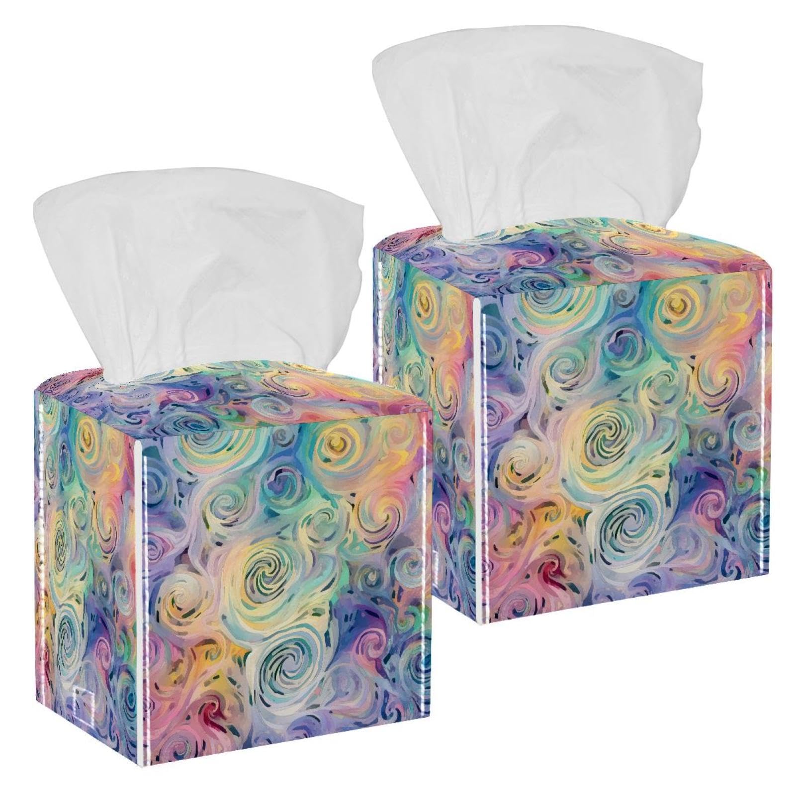 Colorful Swirls Tissue Box Cover, 2 Pack PU Leather Square Facial Tissue Dispenser Box holder for Home Office Car
