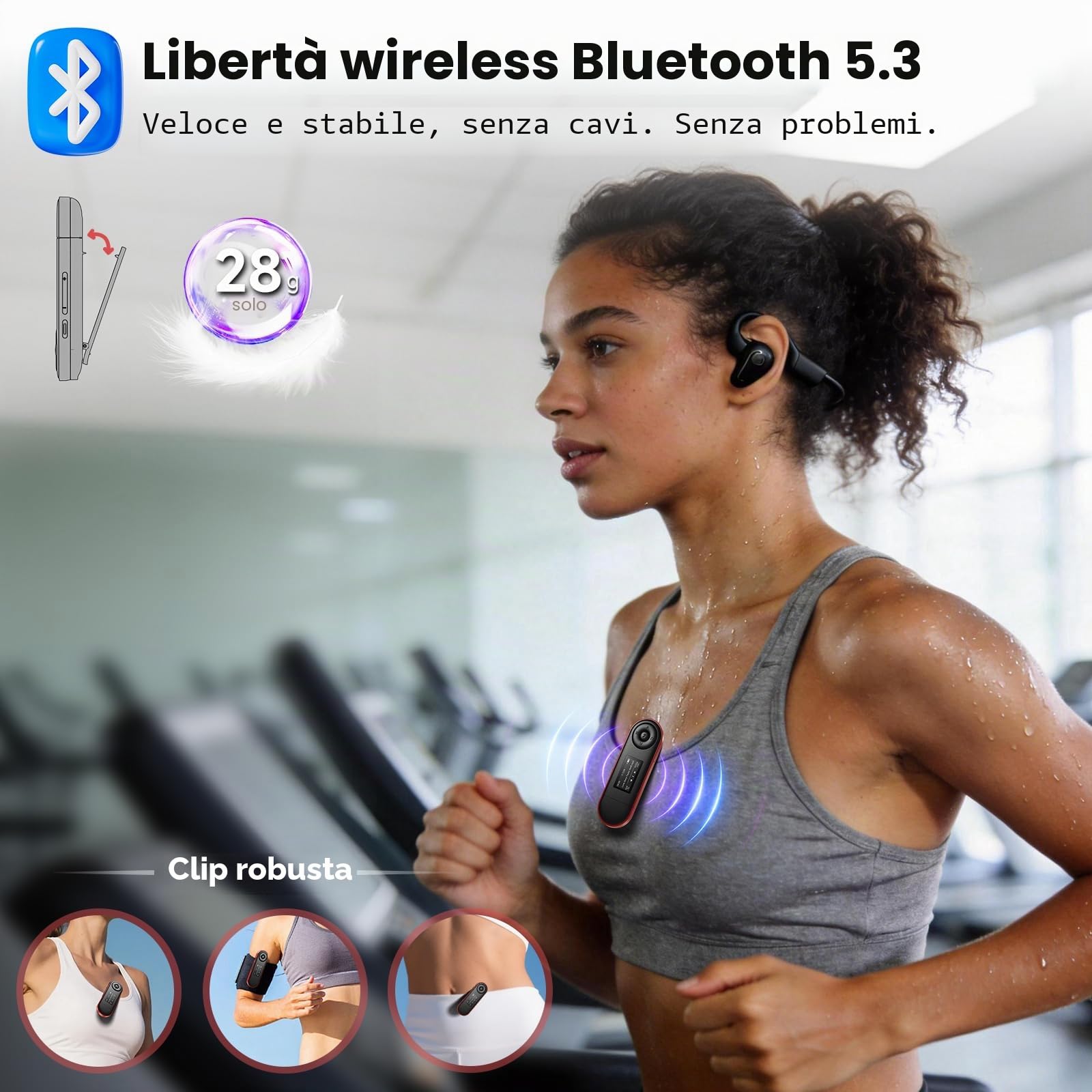 Lettore MP3 64GB Bluetooth 5.3, Chiavetta USB Plug & Play, Ultra-leggero 28g, Pulsanti Fisici per Controllo alla Cieca, Clip Sportiva per Corsa, Riproduzione per Cartelle, Radio FM, Registratore