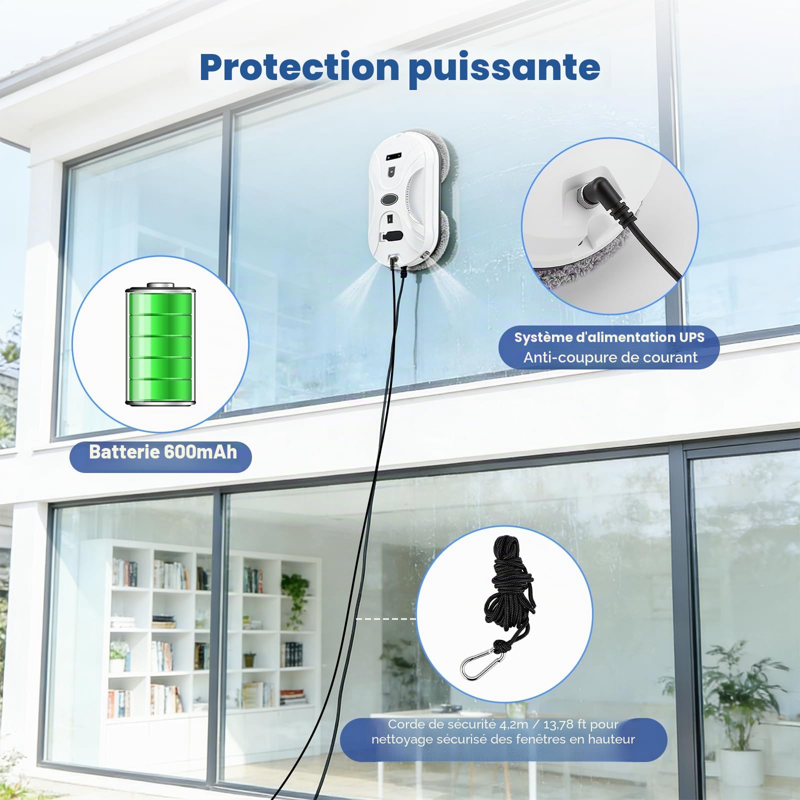 Robot Laveur de Vitre, 5800Pa Robot Nettoyeur Vitre avec Double Pulvérisation D'eau, 3 Modes de Nettoyage, Télécommande, Navigation Intelligente, Protection Antichute＆10 Chiffons, Pour Surfaces Lisses