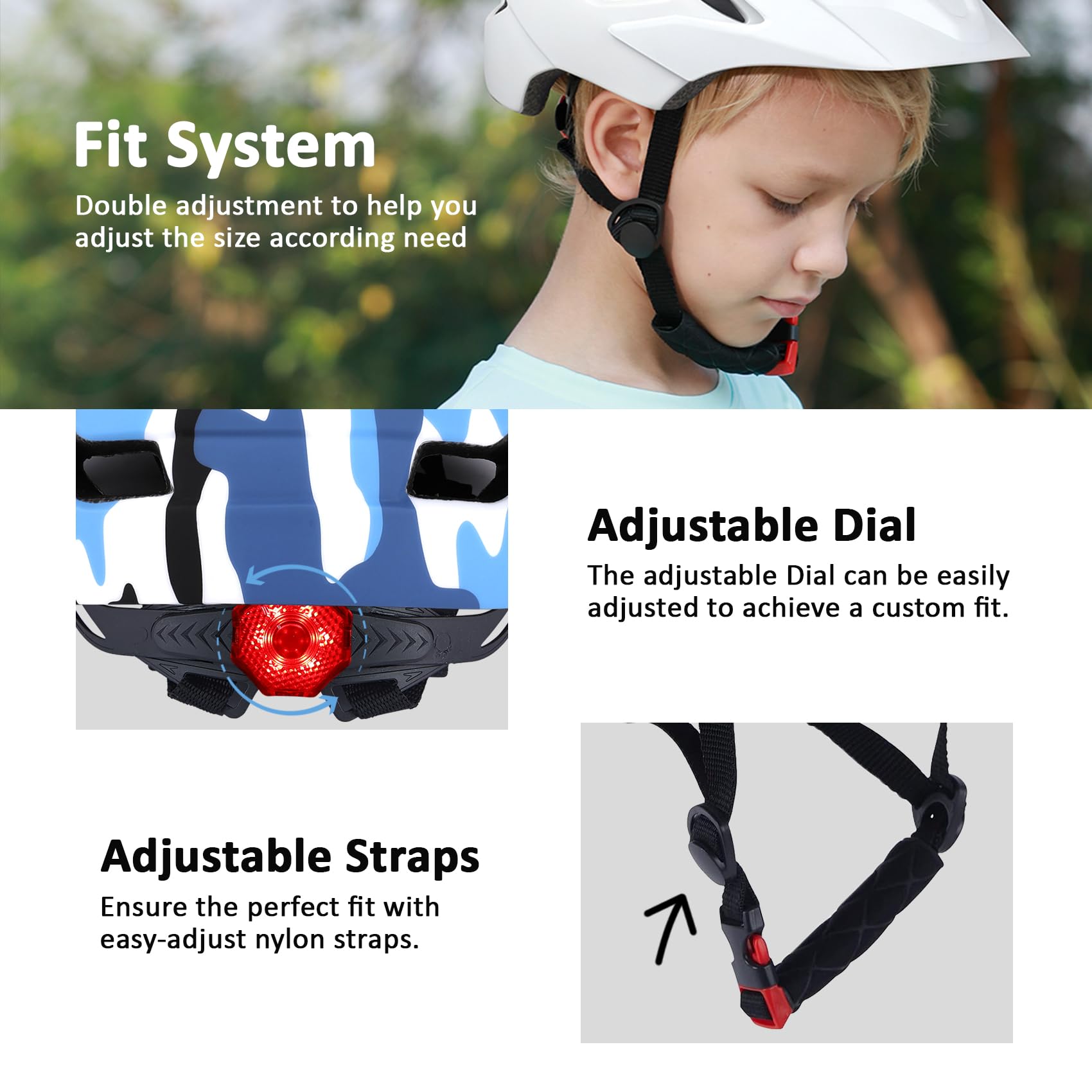 Casco de bicicleta para niños, cascos para niños y niñas, 2 tamaños ajustables para edades de 2-3-5-8-14 años, casco para niños con visera y luz LED, casco ligero multideportivo para bicicleta 3