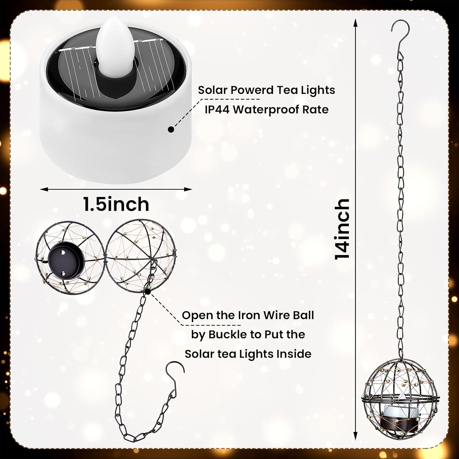 VIHOSE 4 Pack Solar Lanterns Outdoor Waterproof, Hanging Solar Lights Iron Ball with Flashing Tea Wax, Decorative Rechargeable Lamp for Backyard Terrace Garden Fence Tree Decoration