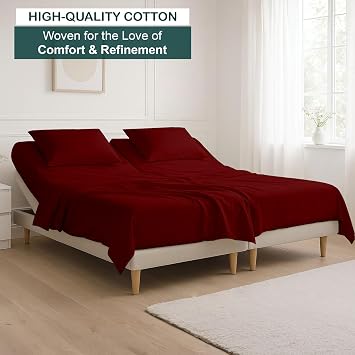 NON Sticky cotton 4 Piece Top Split Queen Sheet Set for Sleep Number Adjustable Bed, 100% Egyptian Cotton Bed Sheets, 28 Flex Head Fitted Sheet, Fits 18 Deep Mattress, 60 x 80, Burgundy Solid