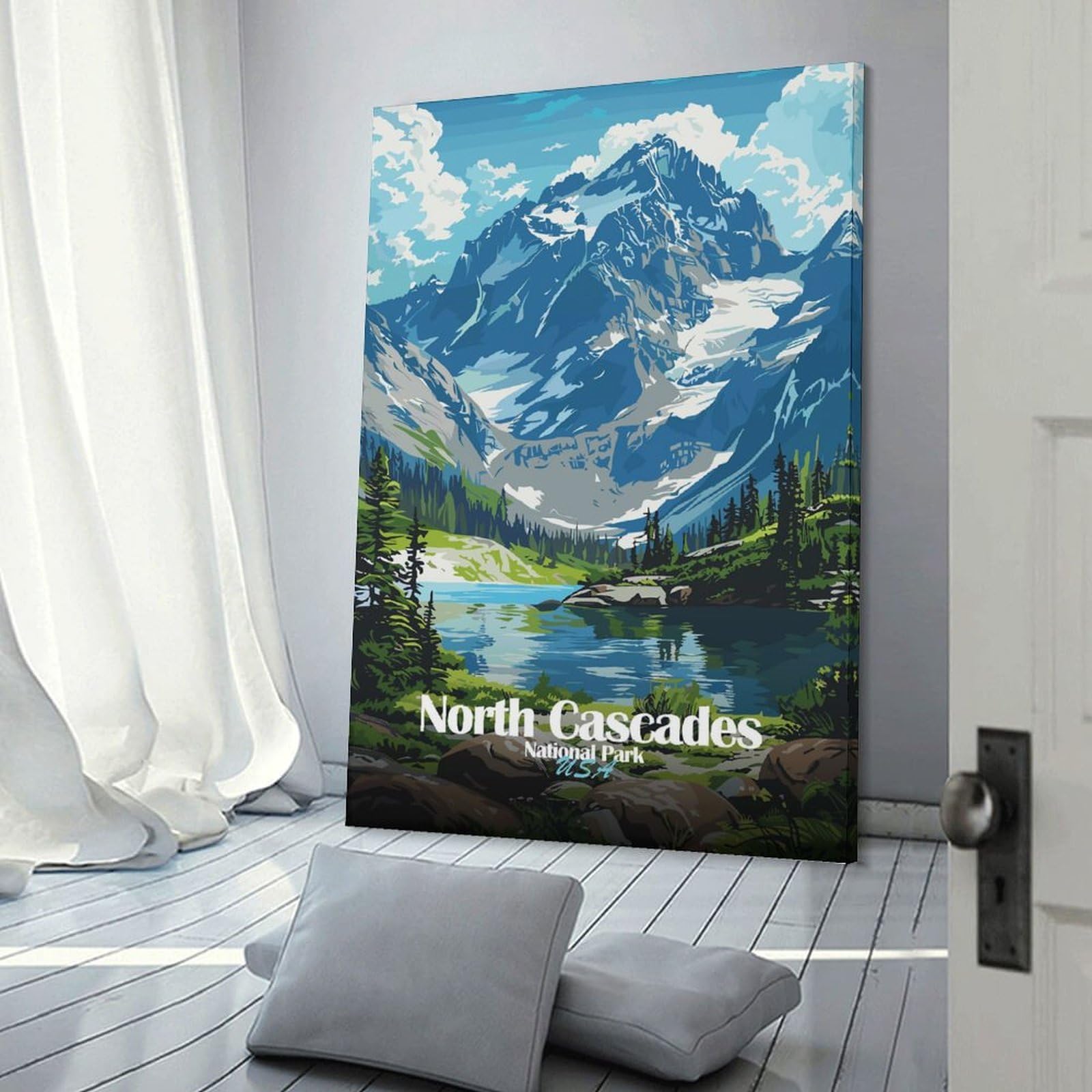 Junmoney Decorative Wall Artwork North Cascades National Park Illustration, 16x24inch(40x60cm), for Lounge, Bedroom Or Personal Spaces, Gift Idea for Housewarming And Birthdays
