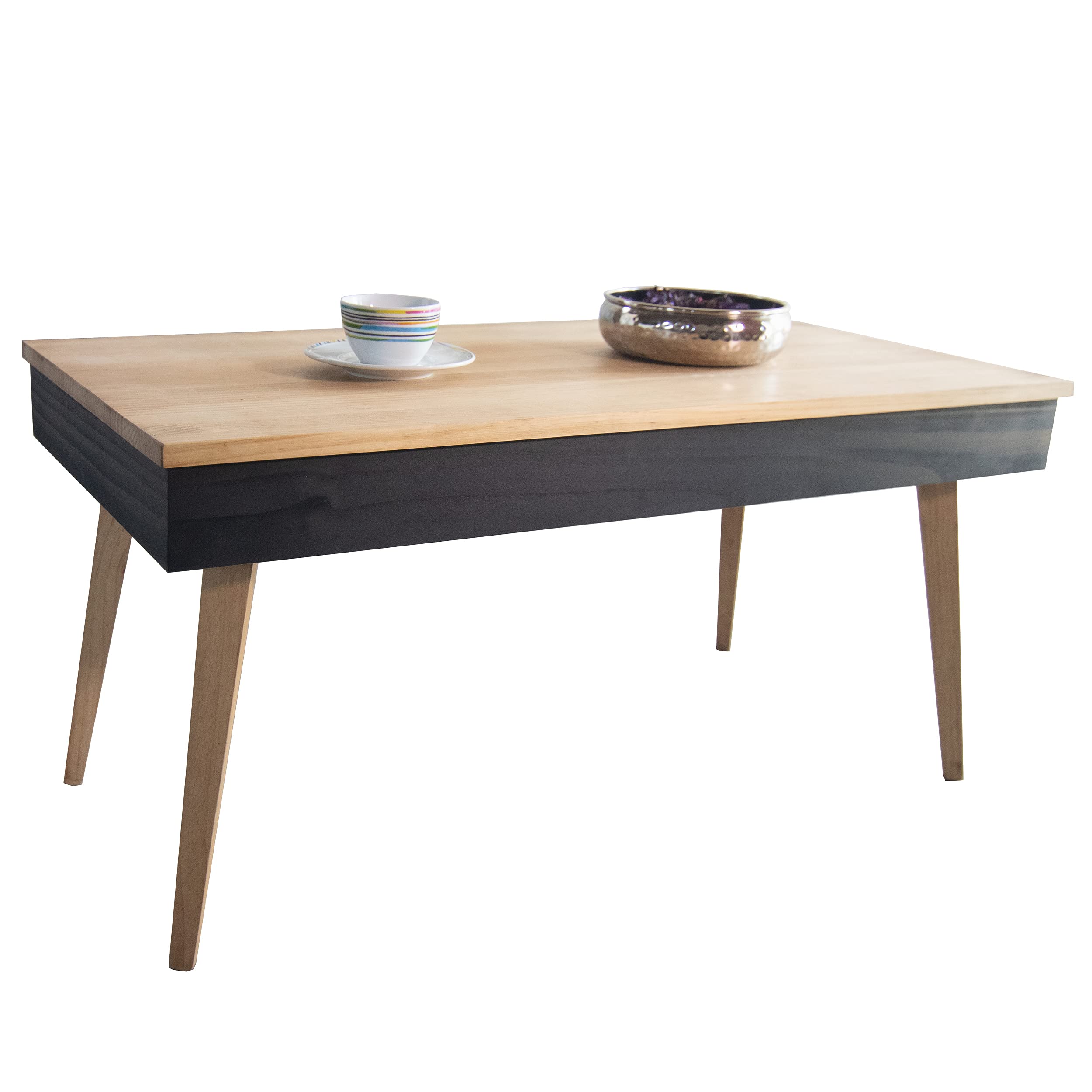 LoMasCasa - Mesa de Centro Elevable con Cajón Modelo Karol de Estilo Nórdico con Acabado Madera y Negro Fabricada en Madera Natural Maciza de Pino con Medidas: 100 x 50 x 47 cm