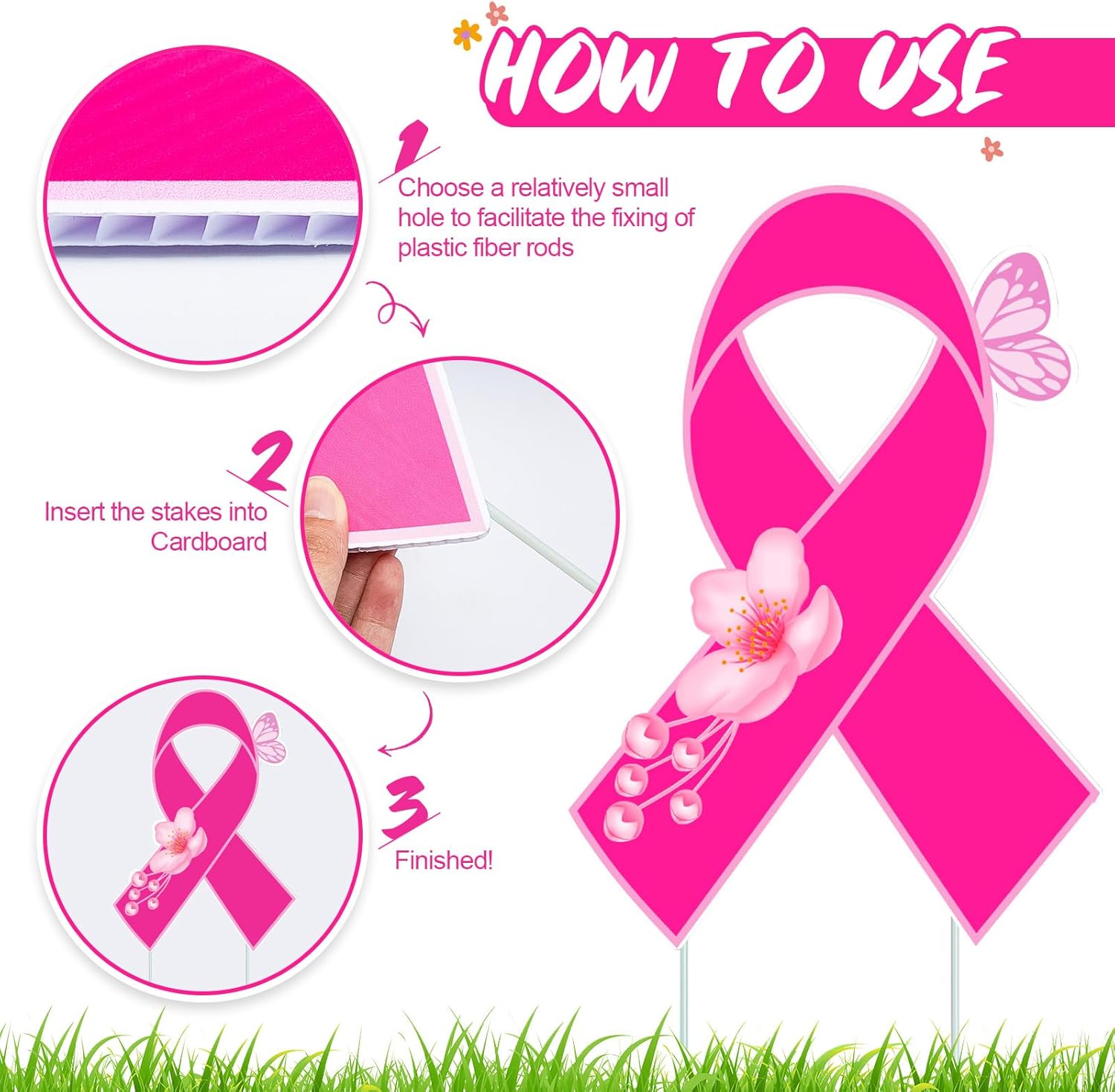 30 Pcs Breast Cancer Awareness Yard Signs 14 x 9 Inch Hope Pink Ribbon Yard Sign Waterproof Breast Cance Signs with 60 Pcs Plastic Fiber Rods for Breast Cancer Awareness Yard Lawn Garden Decorations