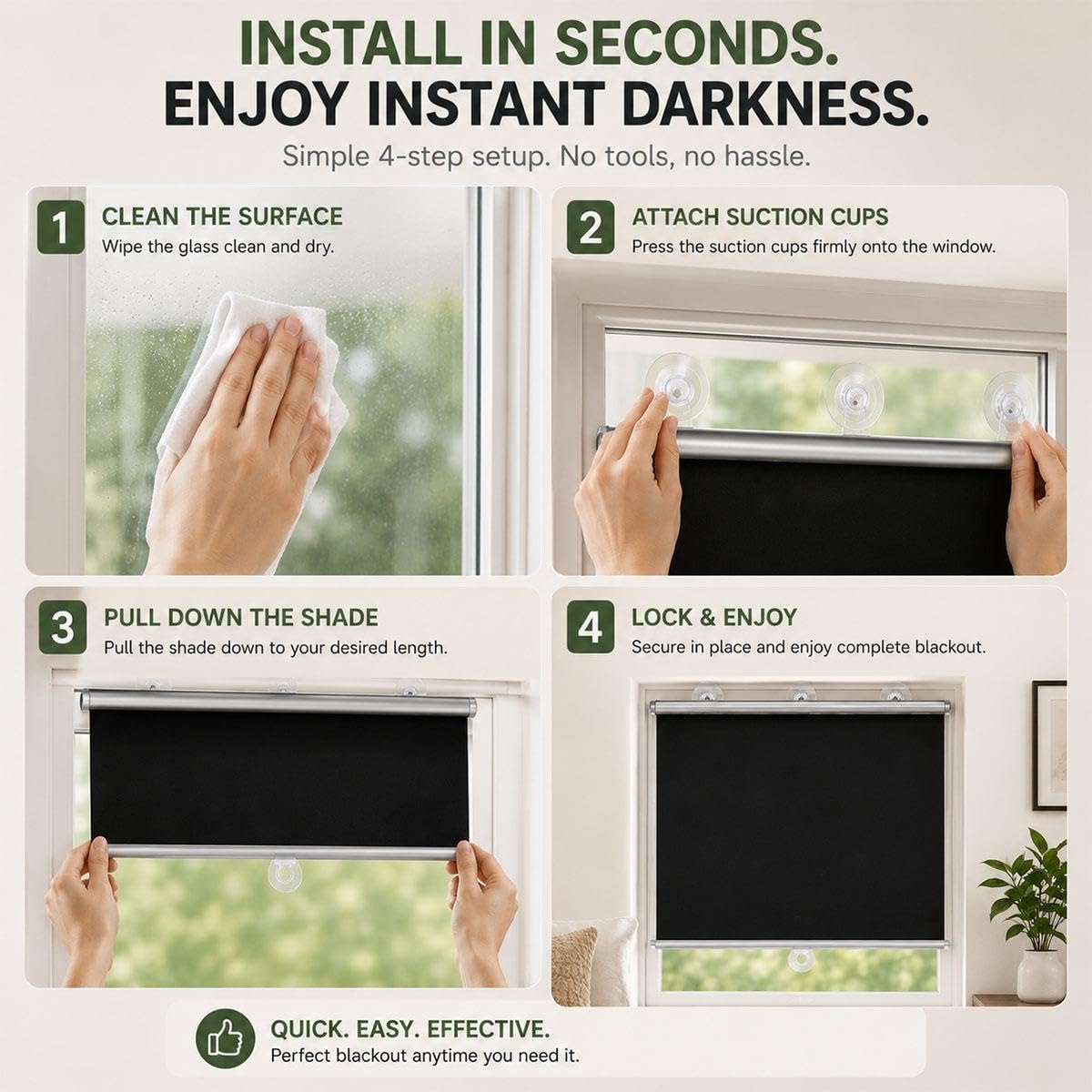 Tende Oscuranti Senza Forare per Finestre, Tende a Rullo con Ventose, Avvolgibili Retrattili per Camera, Ufficio, Camper, Viaggio e Casa in Affitto, per Privacy, Nere(W 70 x 80 cm)