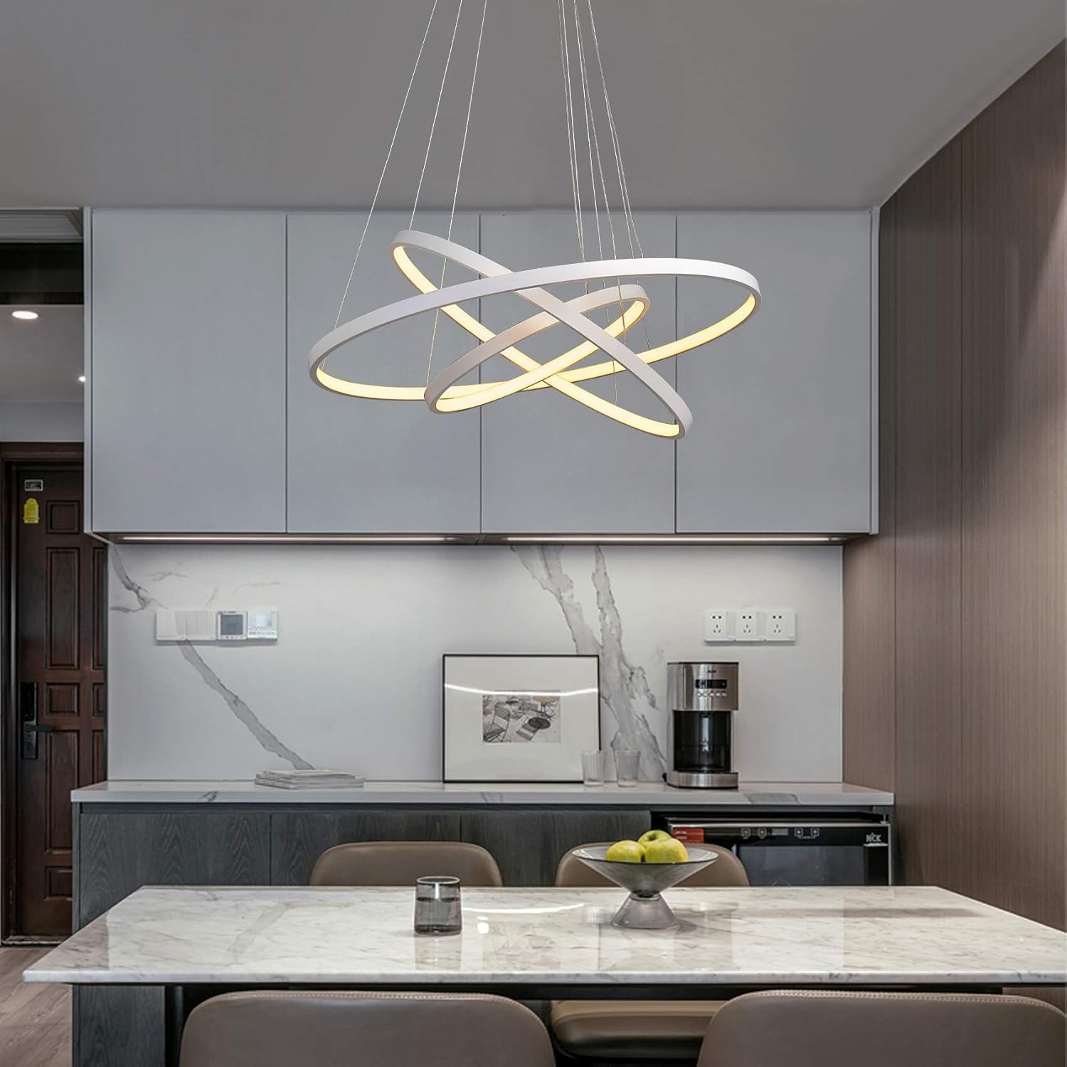 Modern Chandelier Lighting Dimmable LED Ceiling Dining Room Chandeliers Contemporary Pendant Lights Living Room Warm White Only Light Fixtures Hanging 3 Ring Foyer Bedroom White