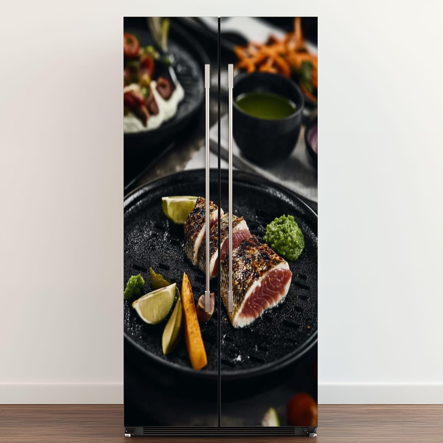 Self Adhesive Vinyl Refrigerator Wrap Beef Deer Steak Filet Gravy Carrot Puree Carrot Cake Served red Wine Door Mural Sticker Peel and Stick Removable Door Cover Fridge Wrap Decal for Kitchen Decor